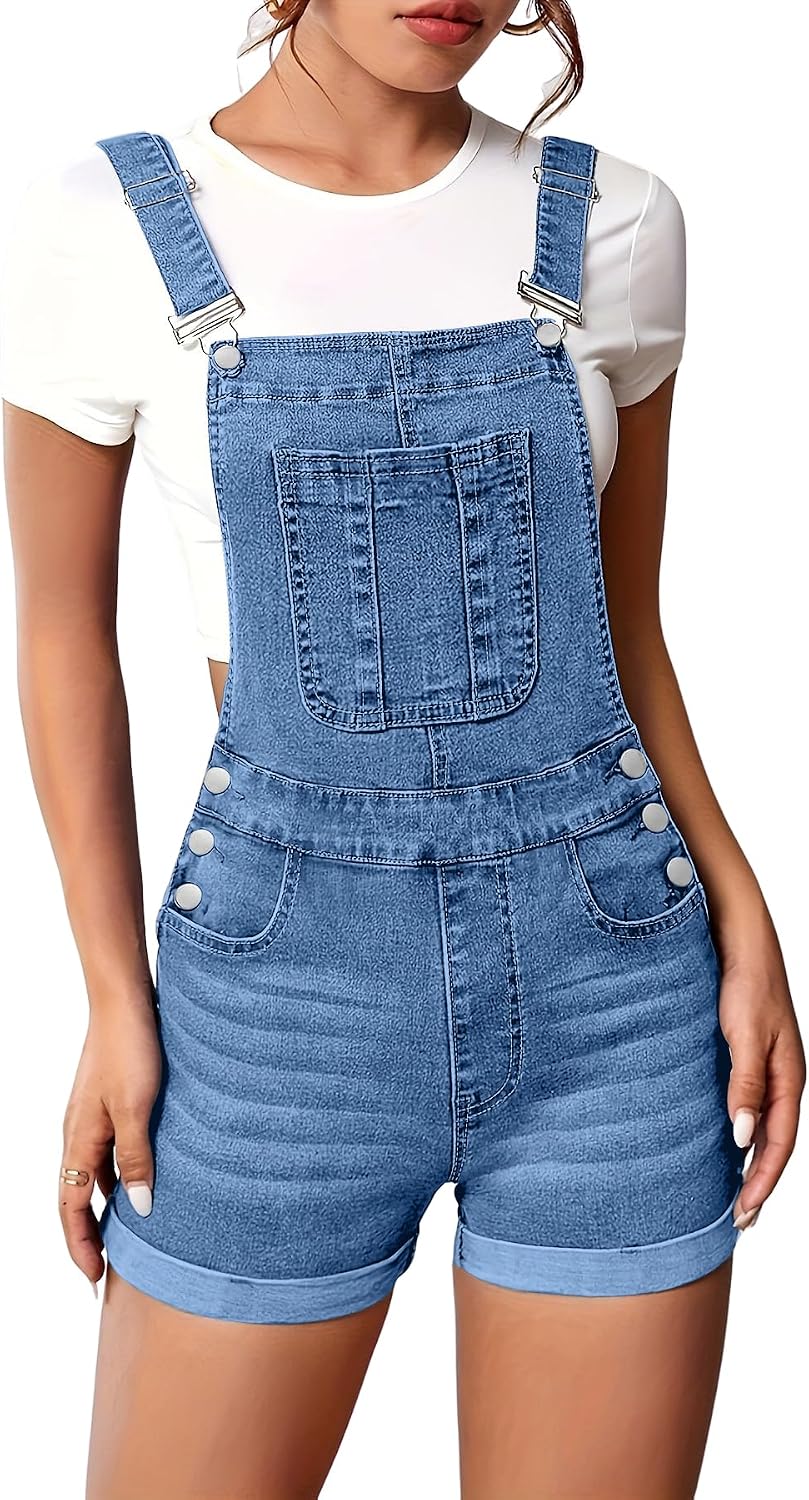 ebossy Women's Vintage Adjustable Straps Short Denim Bib Overalls Washed Slim Jean Shortalls