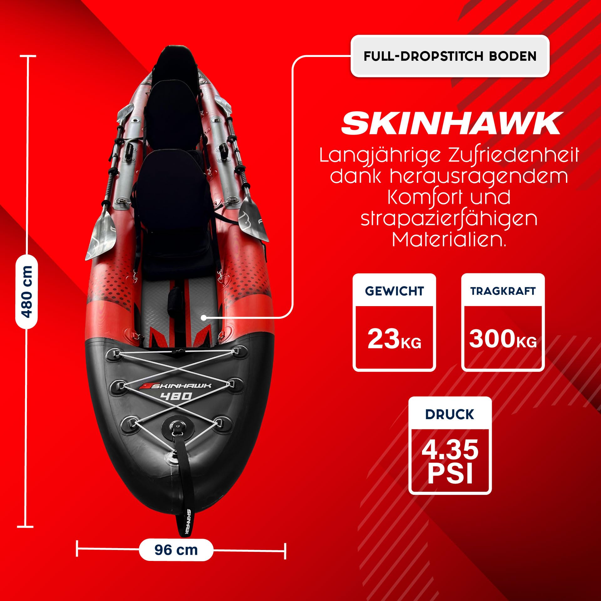 SKINHAWK Exclusivo juego de kayak rojo 480 – bote inflable – canoa – 480 x 96 cm – kayak para 3 personas