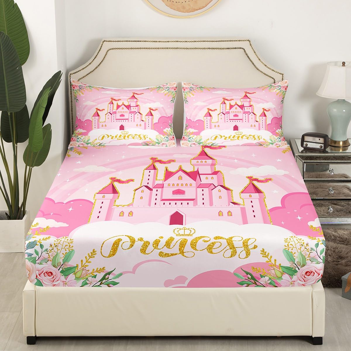 feelingyou Princess Bed Sheet Double Size,Pink Castle Dreamy Flowers Fitted Sheet for Teens Adults Bedroom Decor,Fairy Tale Theme for Girl Bed Cover 3pcs,2 Pillowcases,No Top Sheet - Image 2
