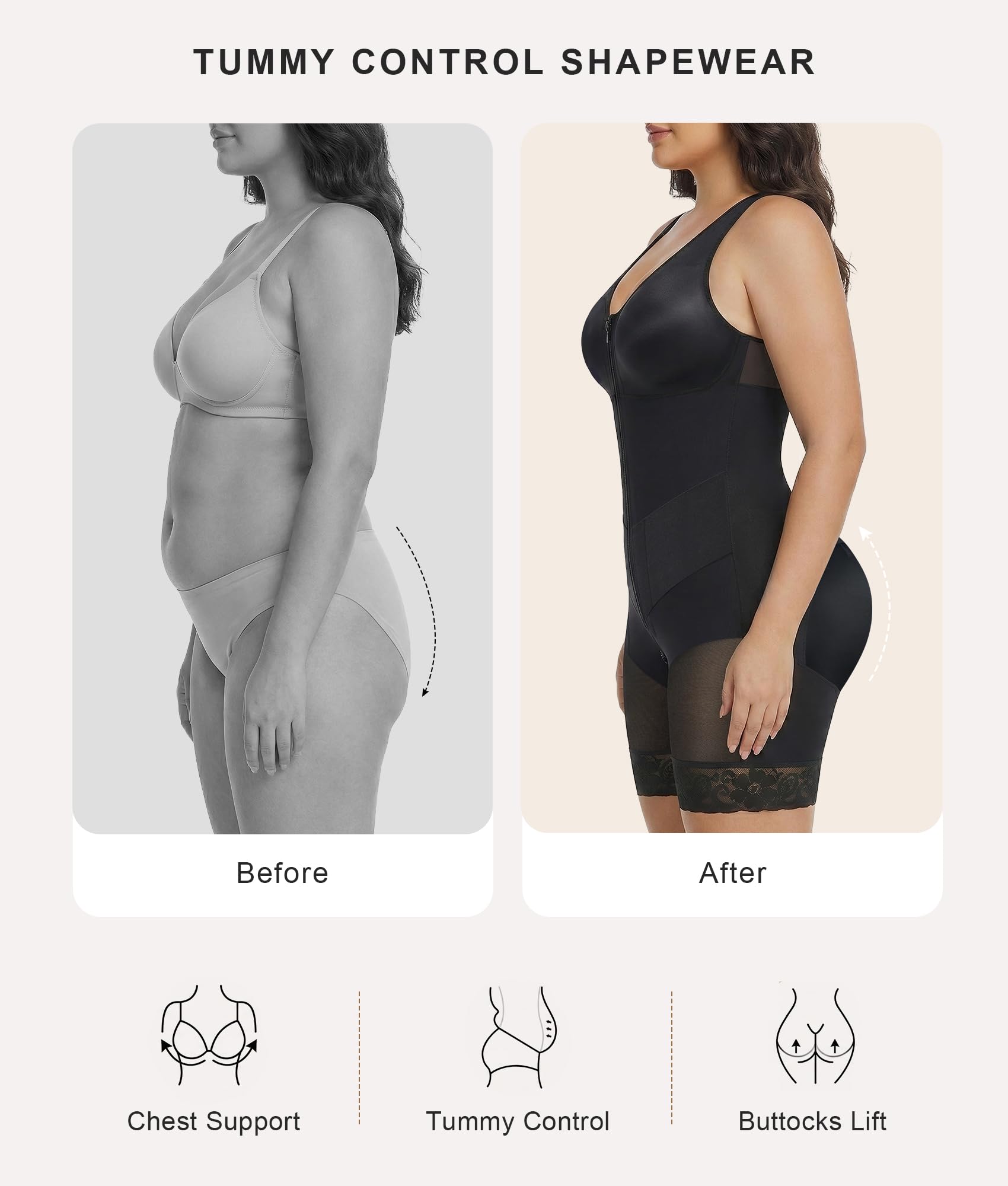 SHAPERX Faja Colombiana Body Moldeador Control Abdomen Levanta Glúteos | Control Abdomen V, Sin Aros, Cremallera y Ganchos, Tirantes Ajustables, Glúteos 3D, Antideslizante, Baño Fácil, Postparto