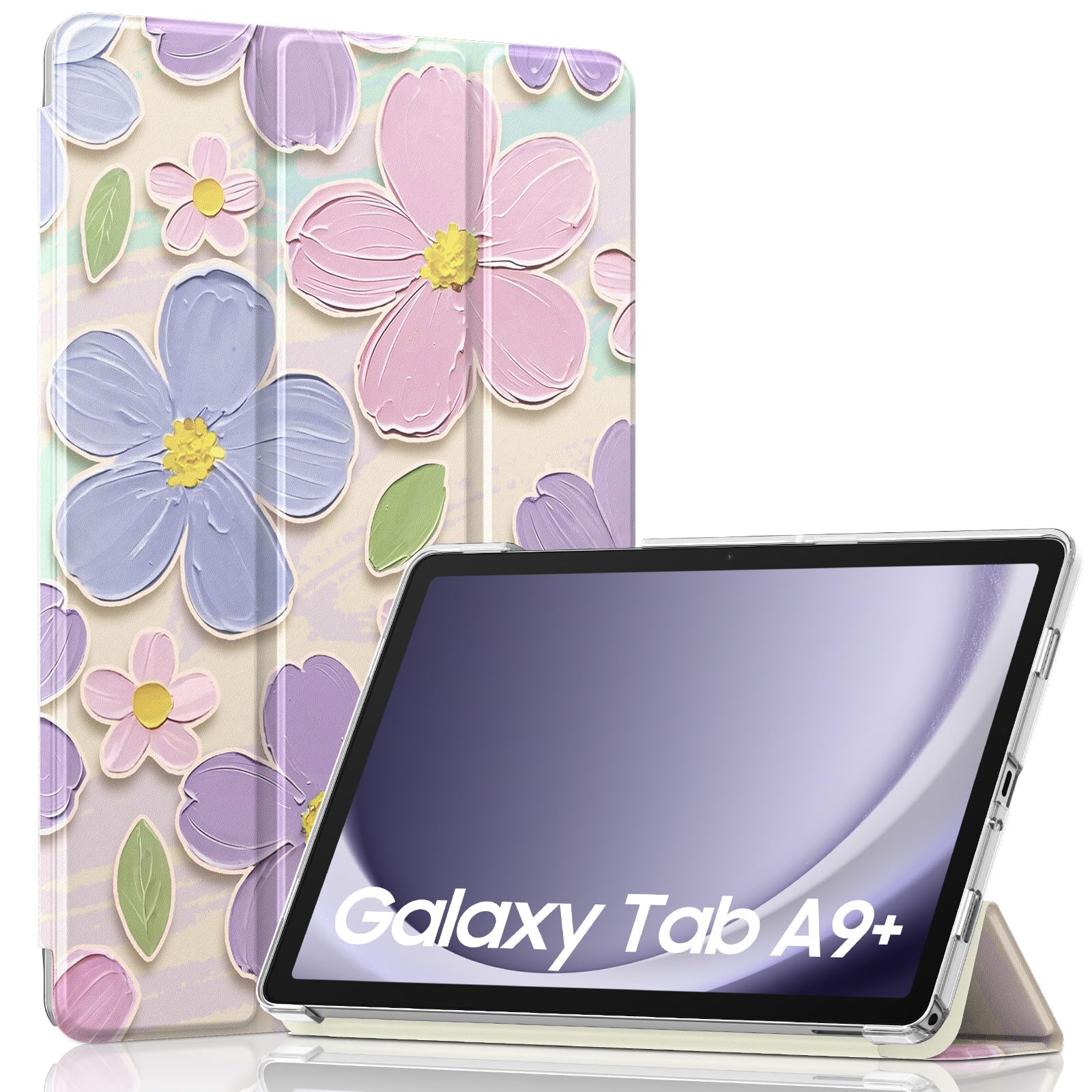 MoKo Trifold Case for Galaxy Tab A9 Plus/A9+ 11 Inch 2023, Painting Flower | Slim Stand Hard PC Translucent Back Shell Smart Cover, Auto Sleep/Wake, Light, Anti-scratch, 2 Adjustable Angle