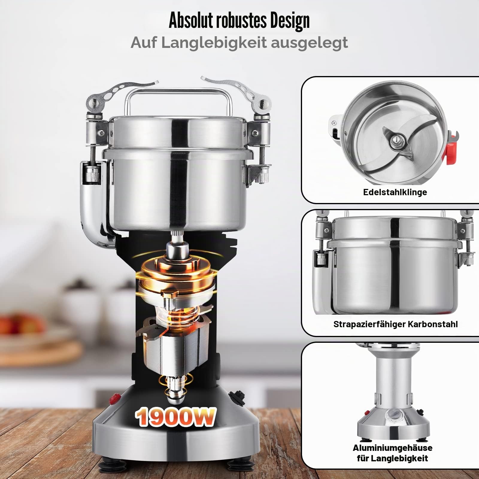 VEVOR Elektrische Getreidemühle 300 g Schleifmaschine 1900 W, Multifunktion-Küchenmühle Mehl, Pulvermaschine Timing-Trockenmühle für Kräuter/Gewürze/Nüsse/Getreide usw. inkl. Klingen & Bürsten