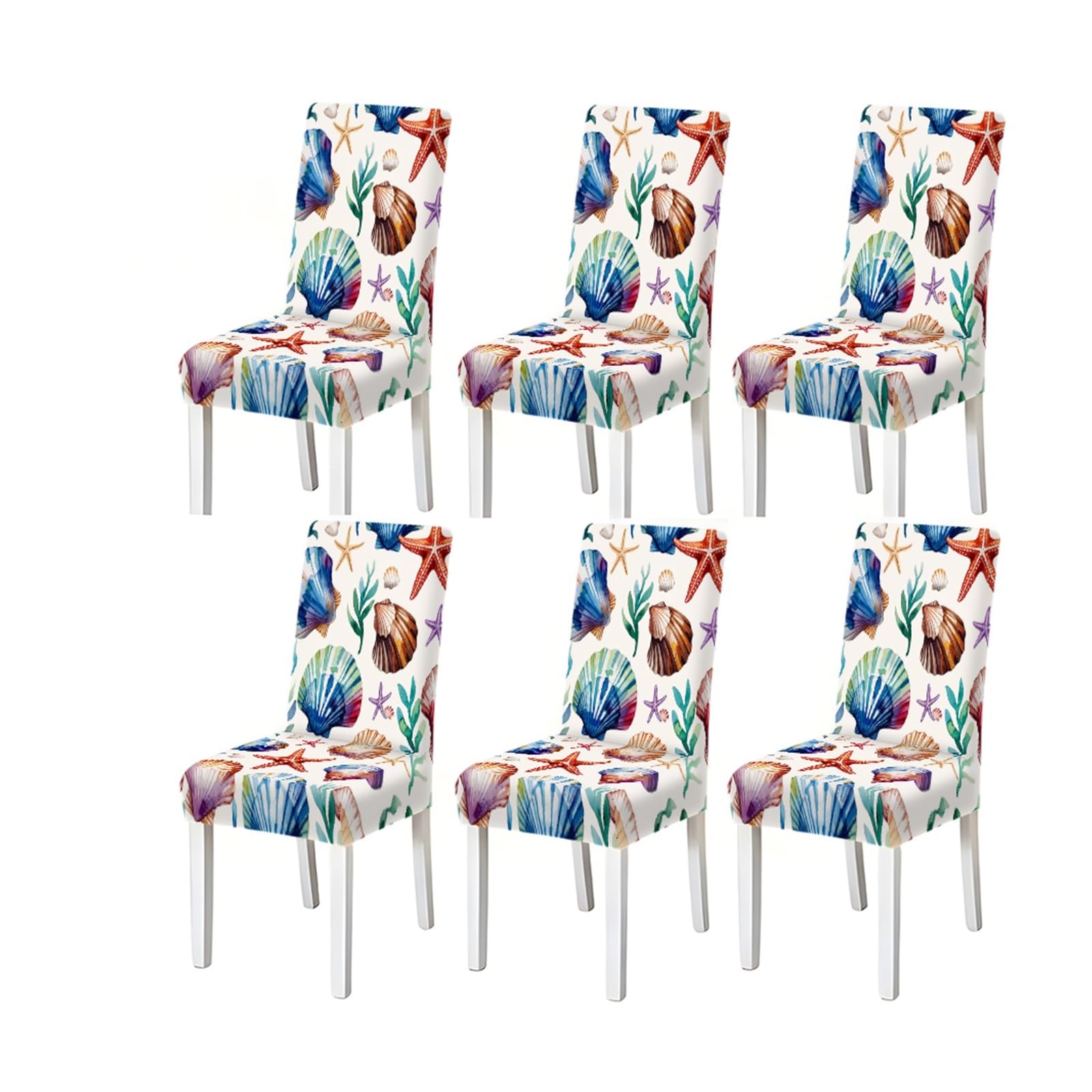 FZJKGH Dining Chair Covers 2/4/6 Pieces, Stretch Slipcovers Seashell Starfish Pattern, Coastal Beach Style For Kitchen Dining Room Removable Stretch Slipcovers for Dining Chairs(6PCSChair cover)