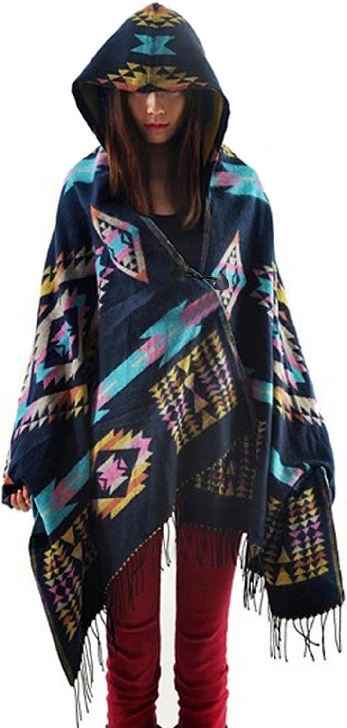 Aztec Print Bohemian Blanket Poncho Cape Shawl Tassel with Hoodie Cloak