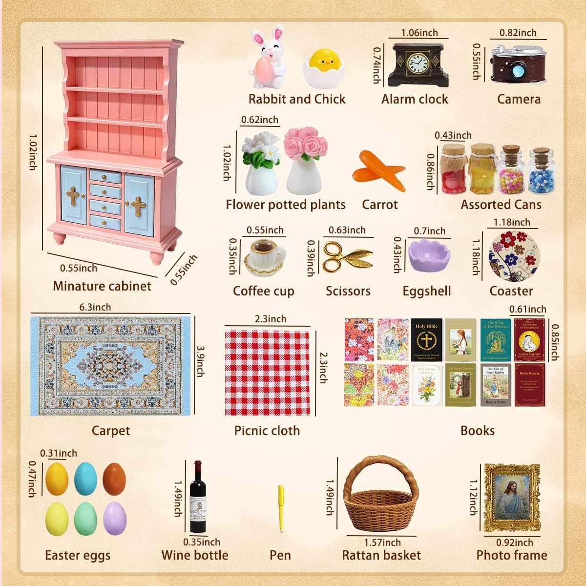 Vintage Springtime Hutch Set - 40 Pcs Dollhouse Miniatures 1/12 Scale Accessories, Wooden Bookshelf with Books, Flowers&Rabbits, Easter Eggs Decorations Mini Furniture Gifts for Kids