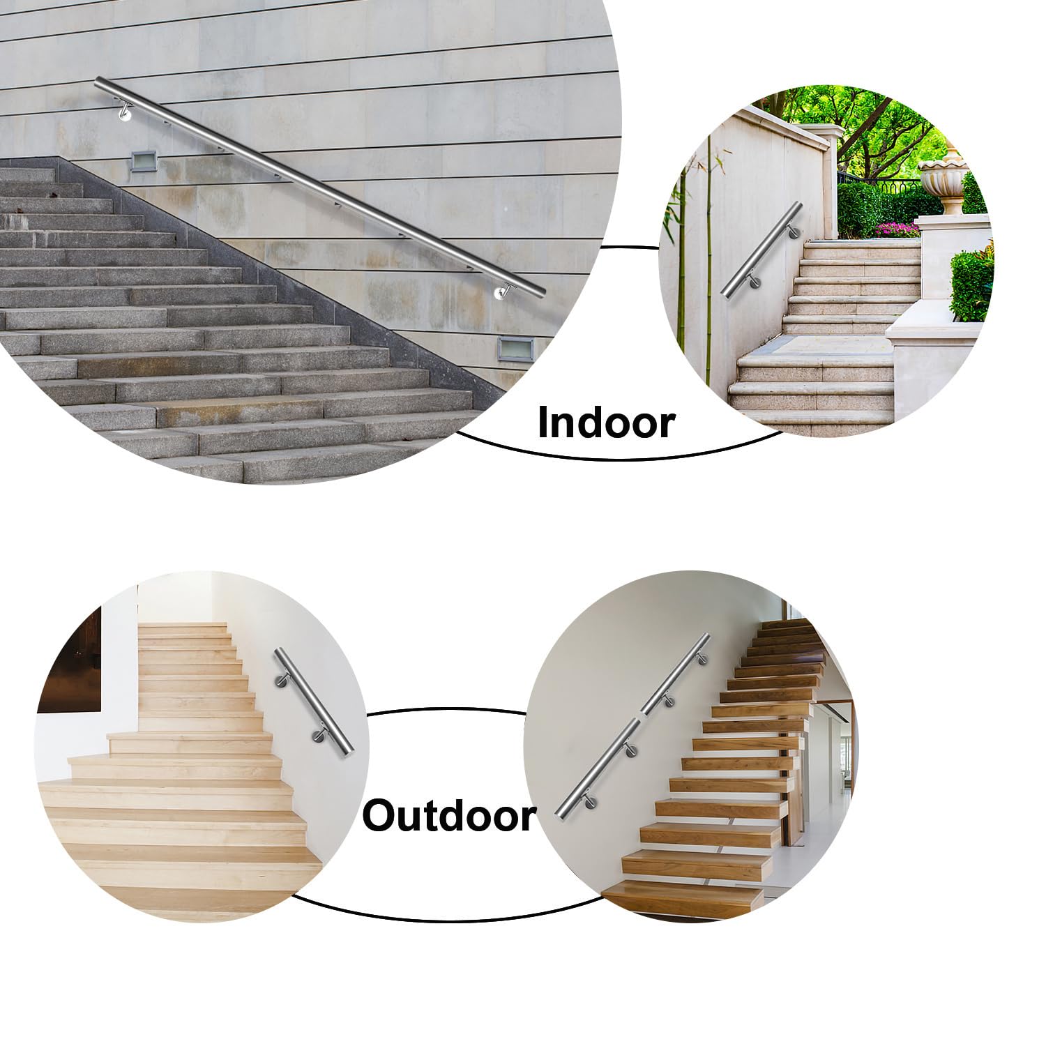 Pasamanos de acero inoxidable, pasamanos de 100 cm de largo, diámetro de 42 mm, para escaleras interiores y exteriores, incluye soporte de pared y tapas finales