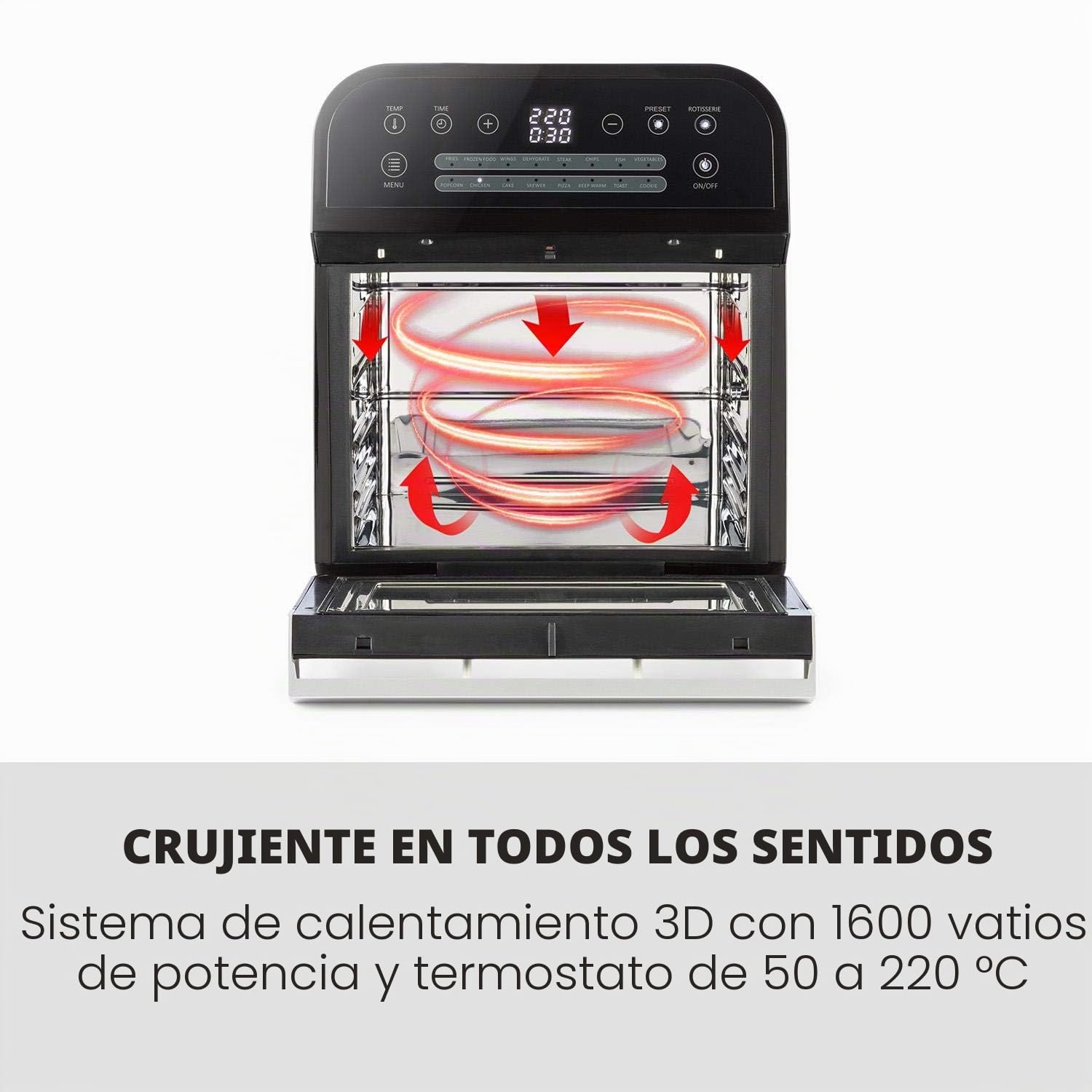 Klarstein AeroVital Cube - Freidora de aire caliente sin aceite, Sistema 3D Heating, 1600W, 12L, 16 programas, Tecnología Highspeed-convection, Programable, 50-230°C, 5 piezas, Negro