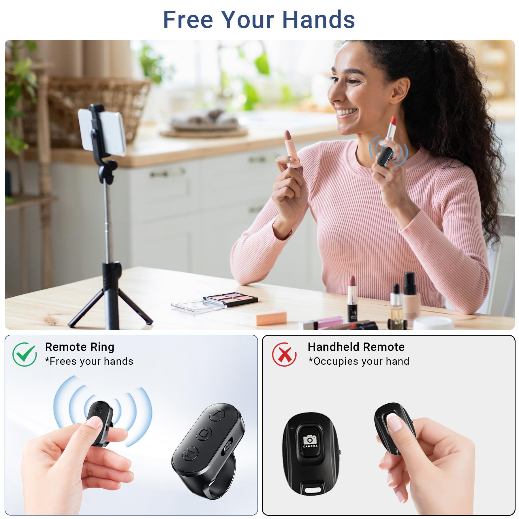 Kabelloser Ringkamera-Fernauslöser mit Zoom für iPhone Android, Bluetooth-Telefon-Auslöser mit Front-/Rückkamera-Schalter, Freisprecheinrichtung für Tiktok, YouTube, Foto- und Videoaufnahme
