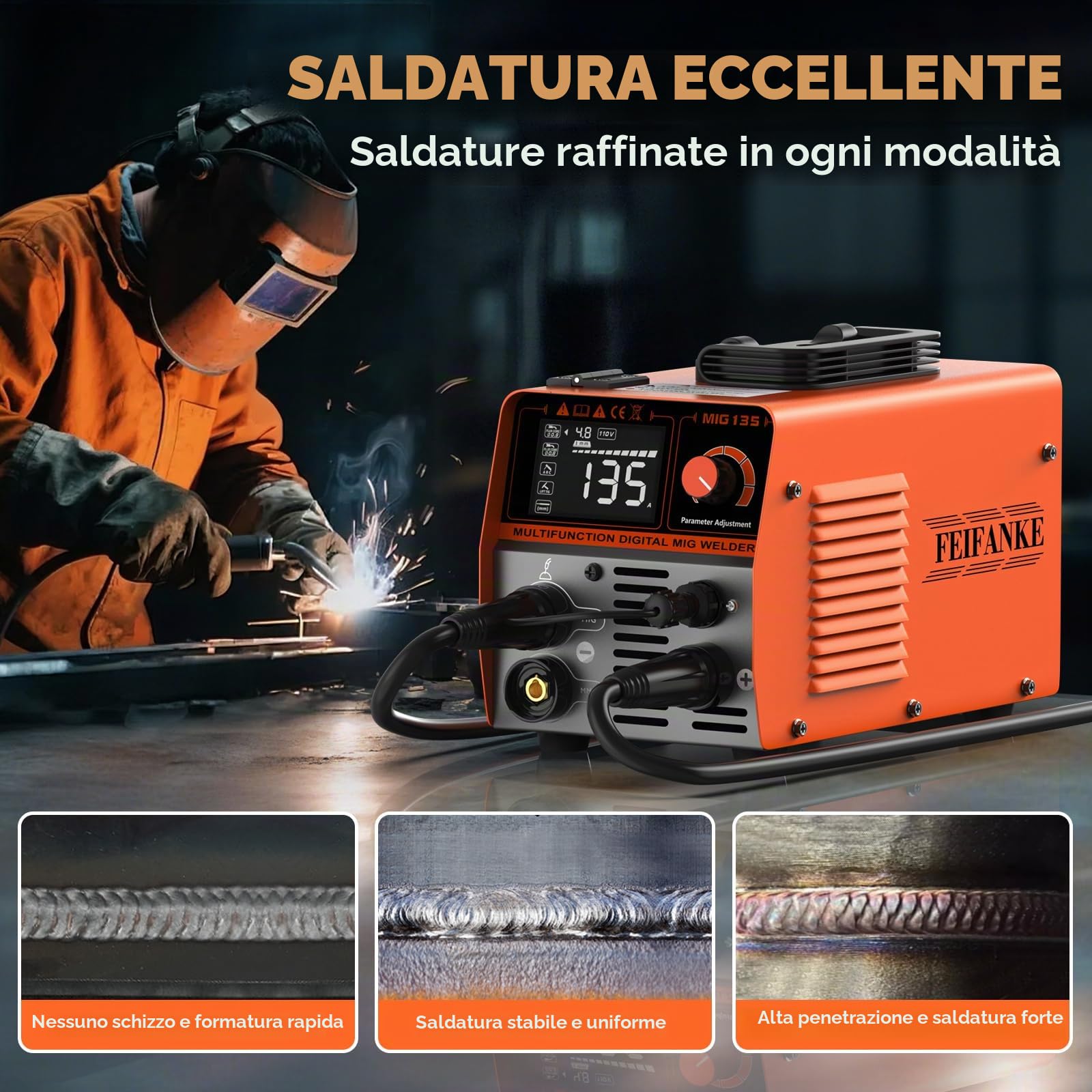 FEIFANKE 135A Flux Core MIG Saldatore 110V 3-IN-1 MIG/ARC/Lift TIG Saldatrice IGBT DC Inverter Saldatrice senza gas Saldatrice sinergia con 1 lb Filo di saldatura e torcia MIG