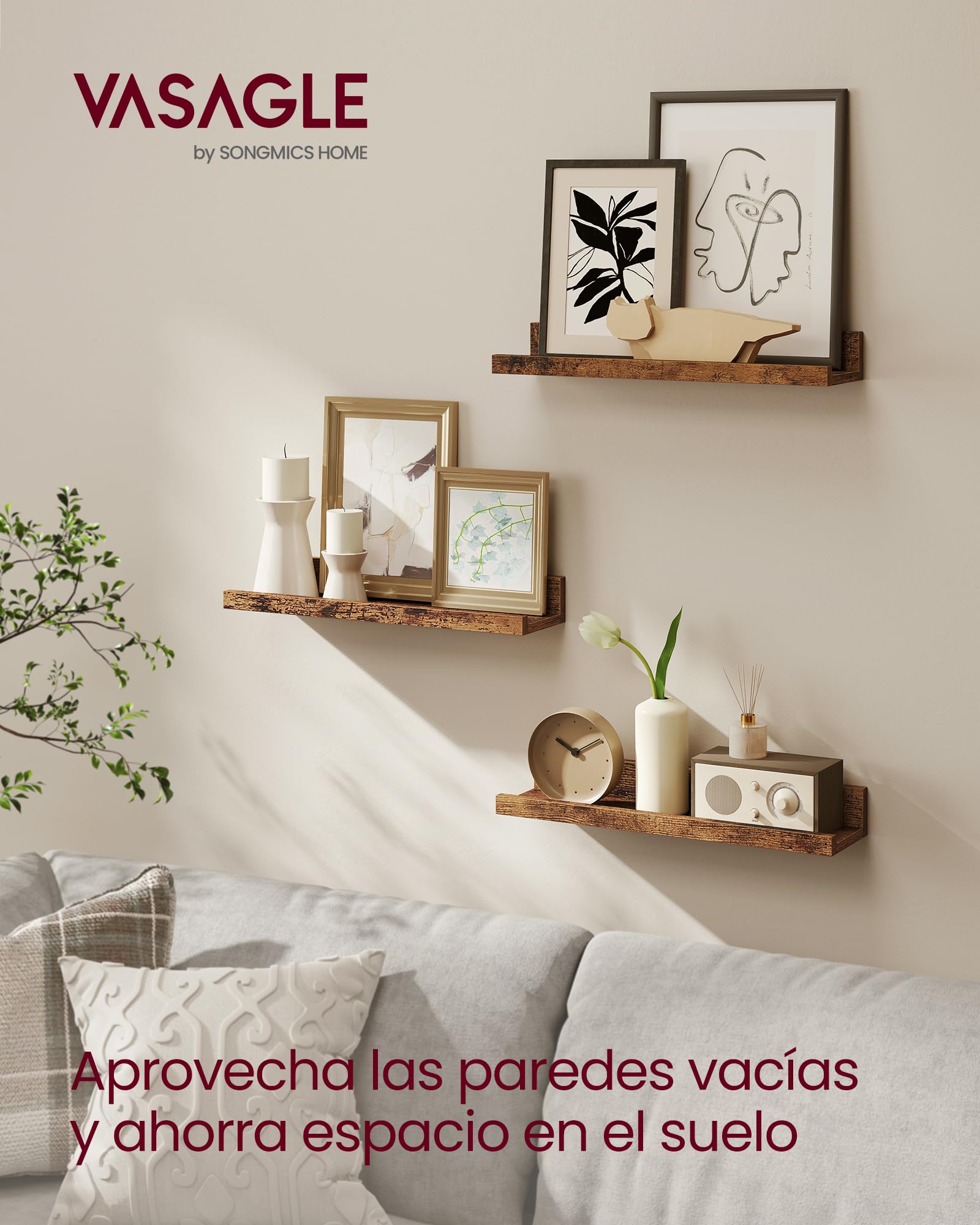 VASAGLE Custos Colección - Juego de 3 Estantes Murales, Estanterías de Pared de Madera para Marcos de Fotos y Libros, Estilo Moderno, para Baño, Cocina y Sala de Estar, Marrón Rústico LWS037X01