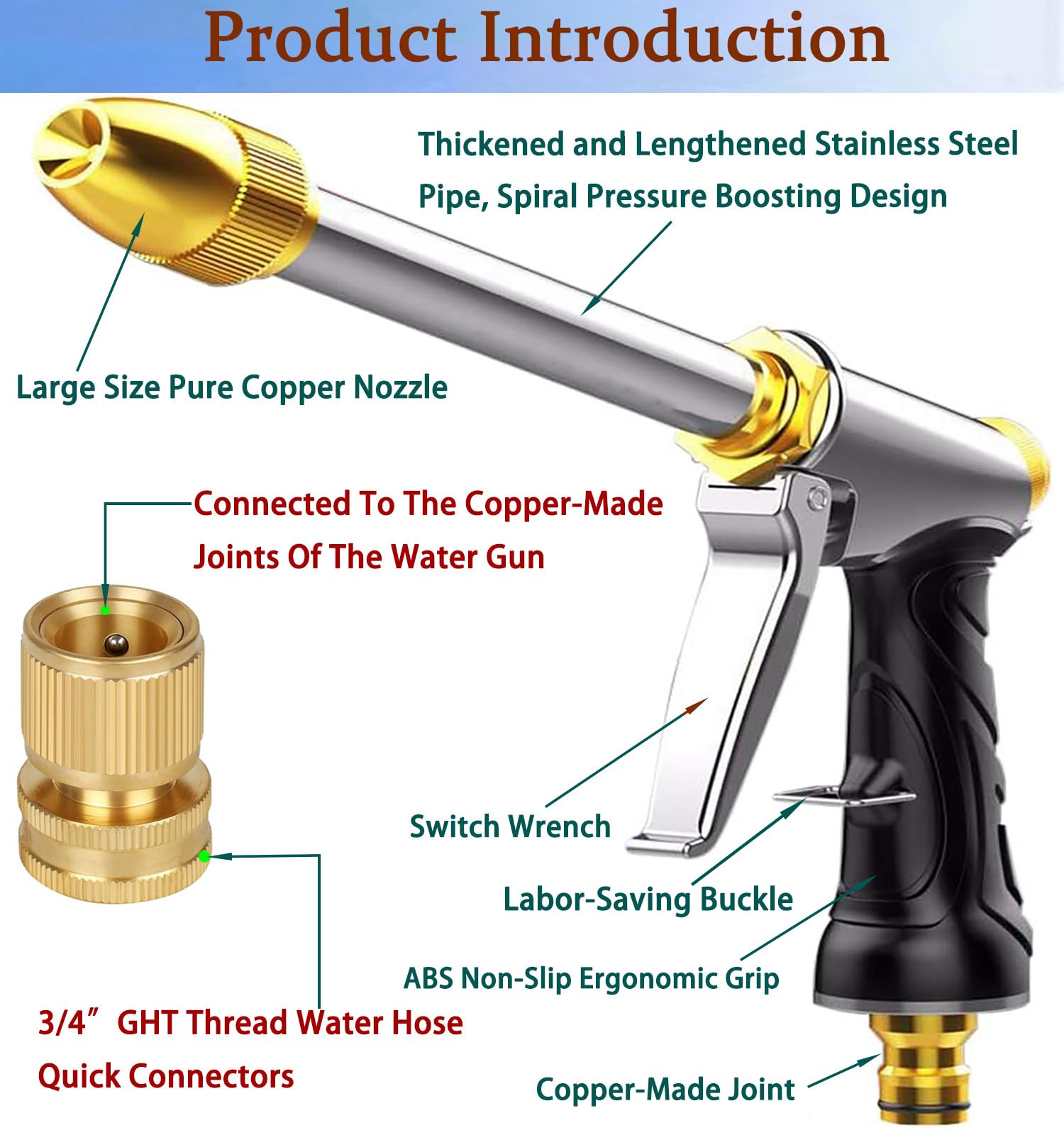 Boquilla de manguera de jardín mejorada, pistola de pulverización de metal 100% resistente con boquilla de latón completa, cabezal rociador de manguera de agua de alta presión, conectores rápidos de
