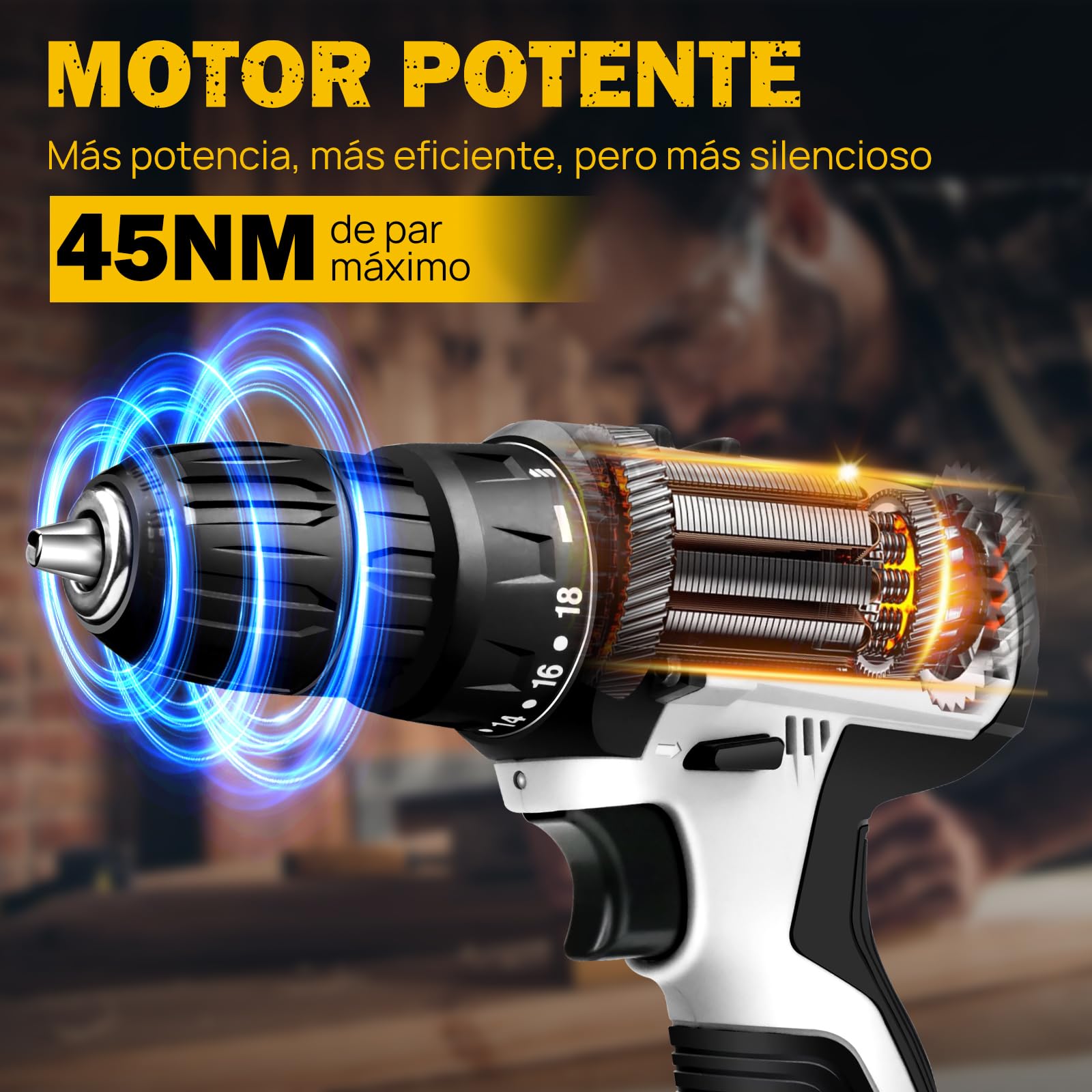 Taladro Inalámbrico 16.8V,Torque Máximo 45 Nm,18+1 Ajustes de Torque,Portabrocas sin Llave 3/8"y Luz LED,Taladro Inalámbrico para Reparaciones en el Hogar y Proyectos de Bricolaje