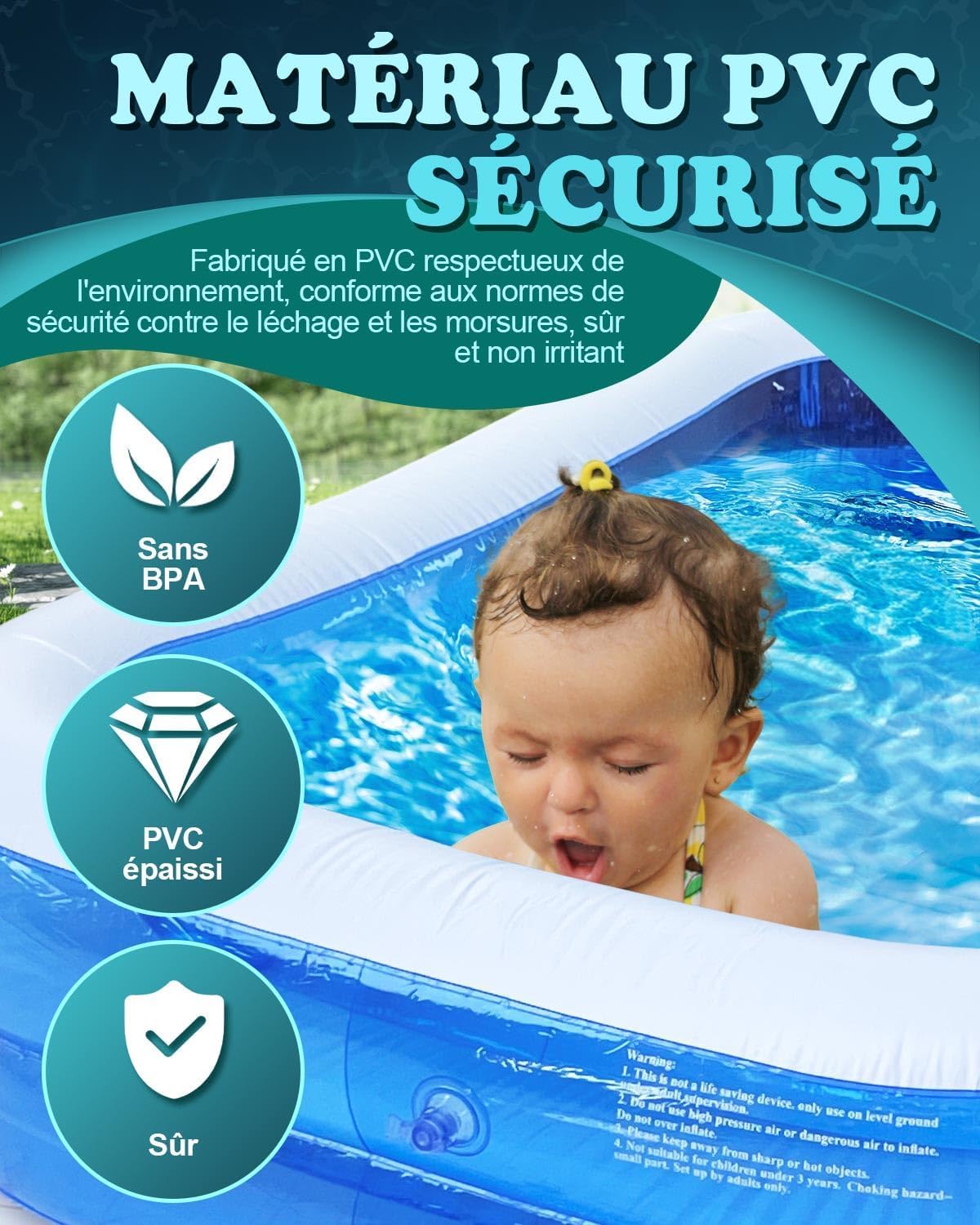 ZVD Piscine Gonflable Rectangulaire, PVC Épais Résistant, Double Couche Piscine Enfant Rectangulaire pour Enfants et Adultes, Grande Piscine Familiale pour Balcon ou Intérieur, Jardin (A)