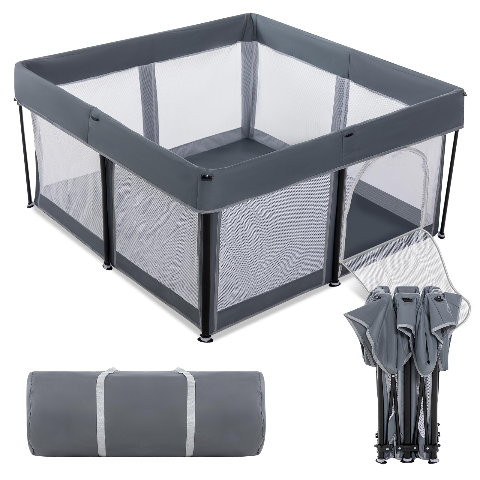 Foldable Baby Playpen,Collapsible Playpen for Babies and Toddlers, Extra Large Foldable Playpen for Baby with gate, Baby Activity Center with Fence, Travel Play Pen (Grey 50"×50")