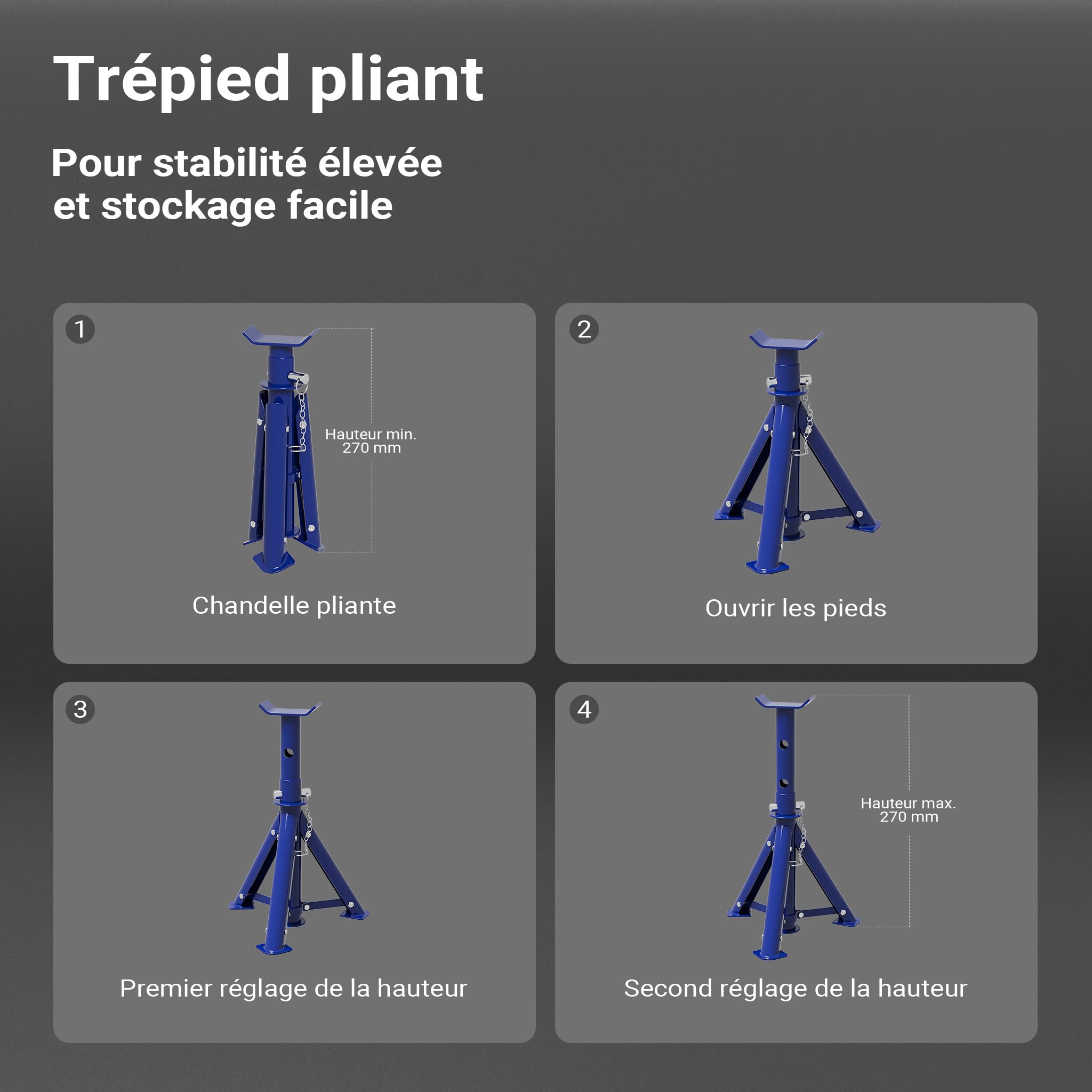 Wiltec Cric et 2 Chandelles Force de Levage Max. 2t Supports rabattables Hauteur Travail Ajustable