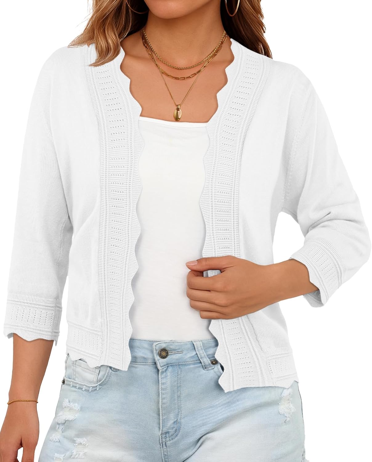 GRECERELLE Women Lightweight Summer Cardigan 3/4 Sleeve Open Front Scalloped Trim Knit Sweater Soft Cropped Bolero Shrug