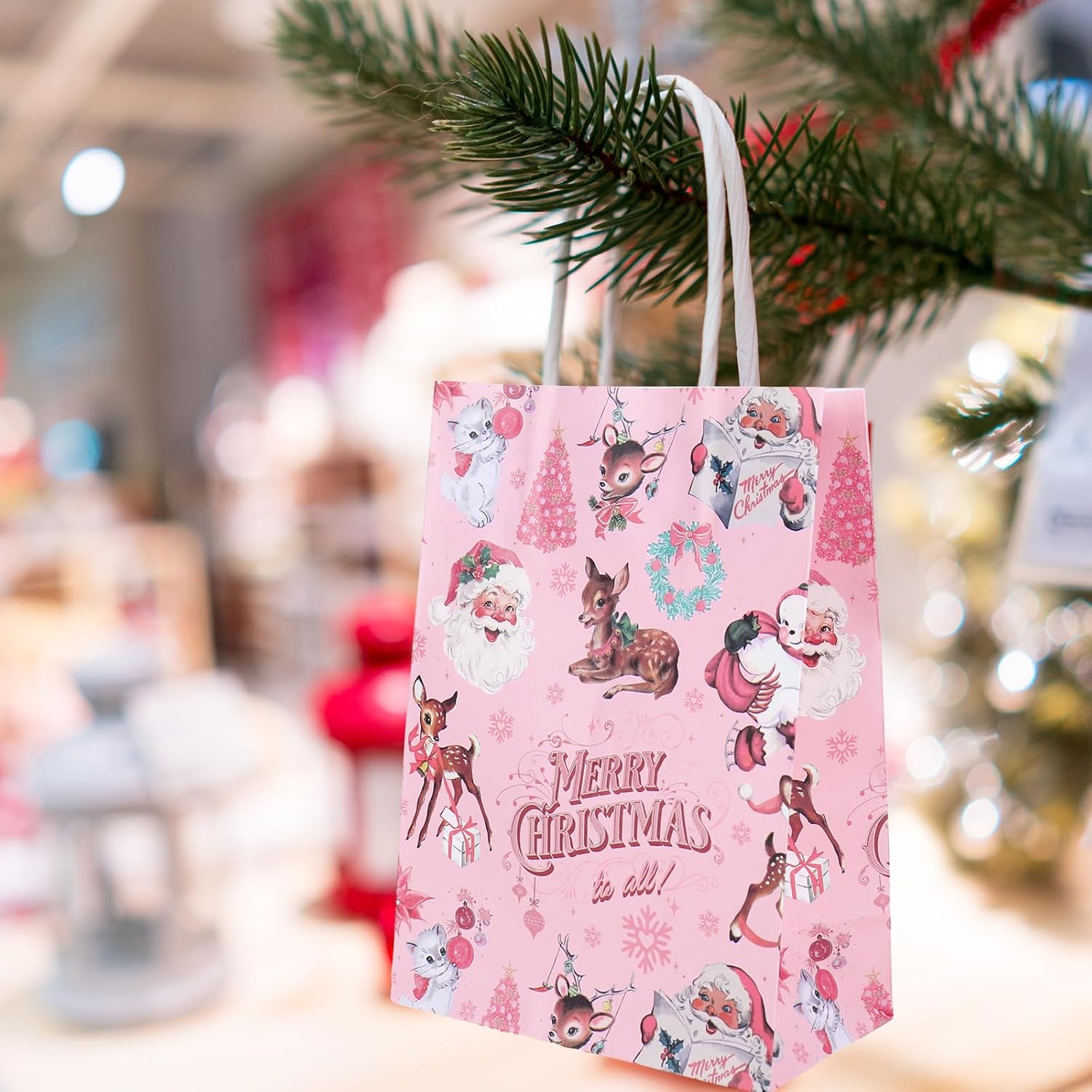 JarThenaAMCS 16 Pcs Christmas Paper Gift Bag Pink Snowman Santa Claus Deer Treat Bags with Handles Candy Goodie Bags for Xmas Winter Party Favors Supplies - Image 6