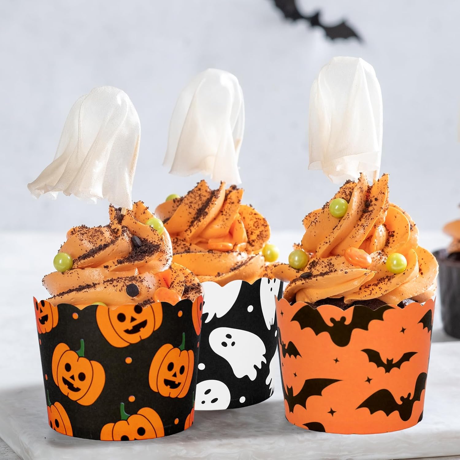 JarThenaAMCS 120Pcs Halloween Paper Baking Cups Pumpkin Ghost Bat Cupcake Wrappers Orange Black White Scalloped Edge Cupcake Muffin Cases for Halloween Dessert Decoration