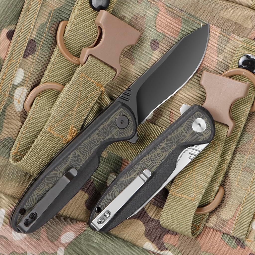 ioko Folding knife D2 blade material, G10 two-color handle, suitable for men and women outdoor camping carrying knife, sharp and durable blade, with pocket clip (black)