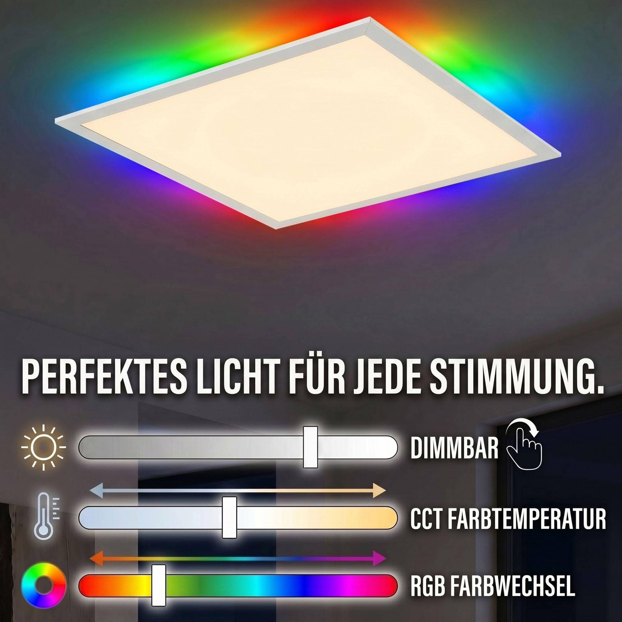 Maxkomfort LED RGB Deckenleuchte - Dimmbar, 3 Lichtfarben, RGB-Farbwechsel & Indirekte Beleuchtung - Modernes Panel für Wohnzimmer, Schlafzimmer, Büro - 45x45 cm - Weiß
