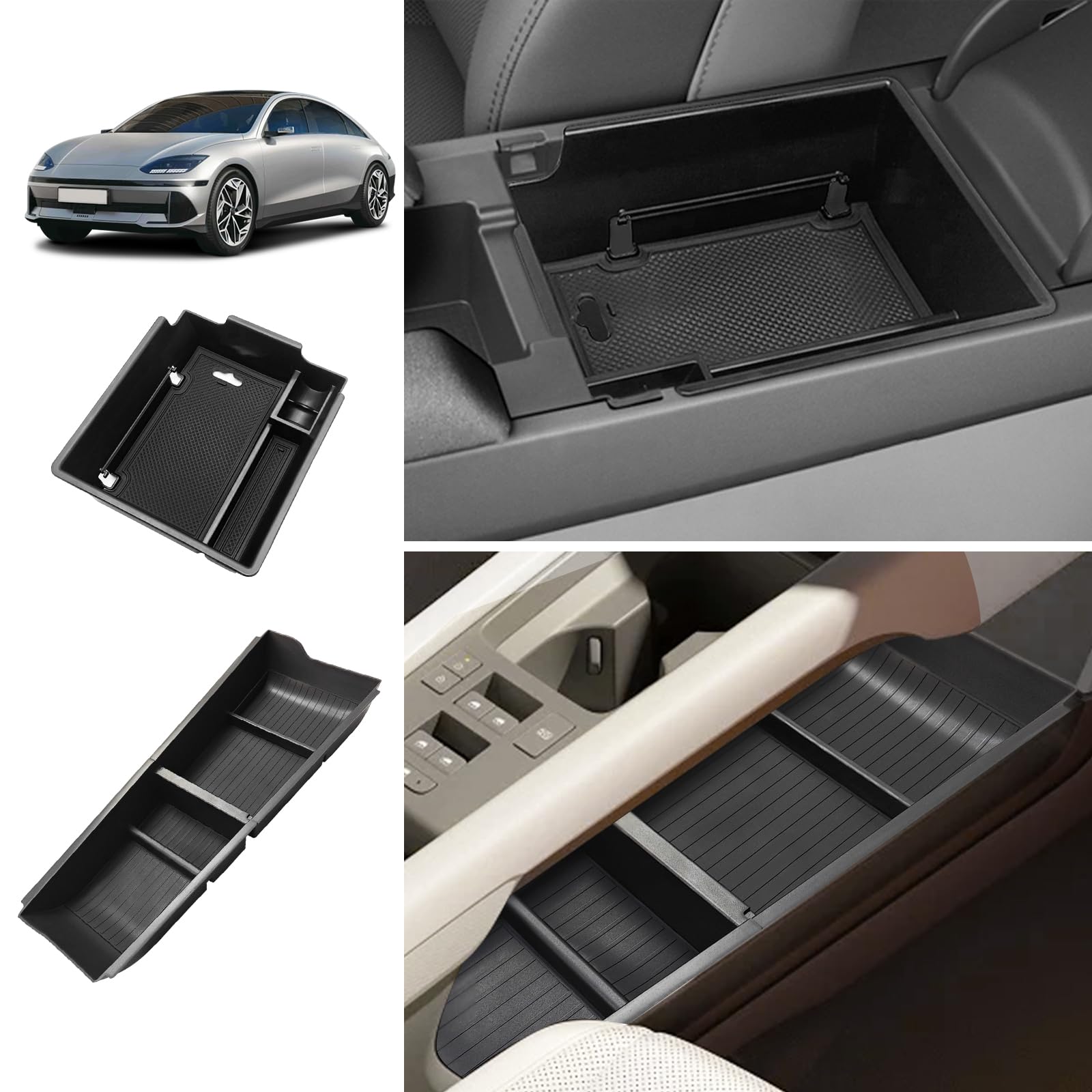 BestEvMod for Ioniq6 Armrest Storage Box and Lower Center Console Organizer Tray 2PCS with Rubber Black Trim Compatible with Hyundai Ioniq 6 SE SEL Limited 2023 2024 2025 Accessories (2PCS)