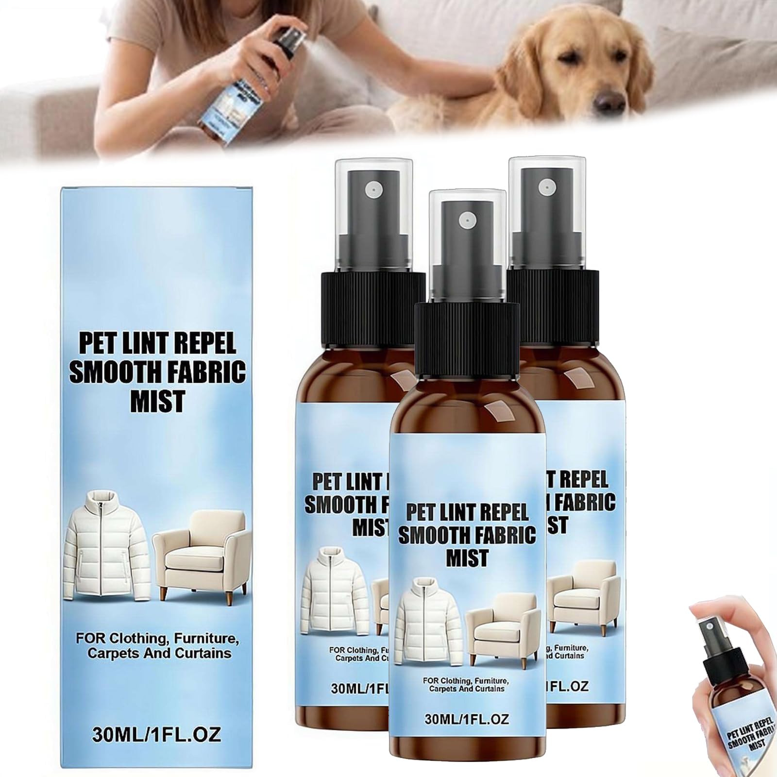 3 Pack - Family Size Pet Hair Remover Spray, 30ml Anti Static Fabric Fur Guard Solution - Mild Pet-Safe Lint Repel Mist & Grooming Detangler for Furniture, Clothes