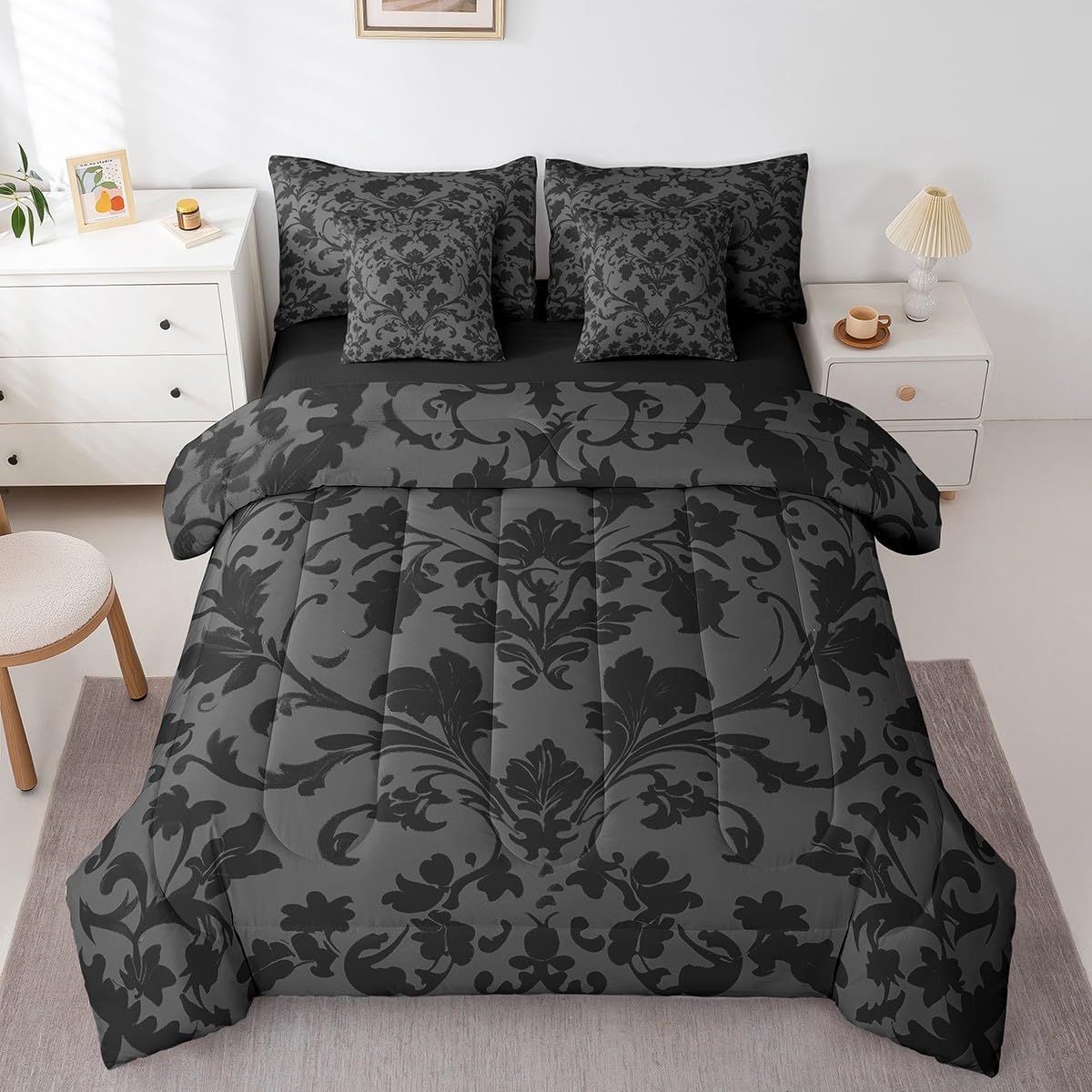 Erosebridal Black Gothic King Bed in a Bag Adults Gray Damask Comforter Set with Sheets Gothic Vintage Floral Bedding Sets Antique Victorian Baroque Bed Set Boho Exotic Flowers Sheets Black 7 Piece