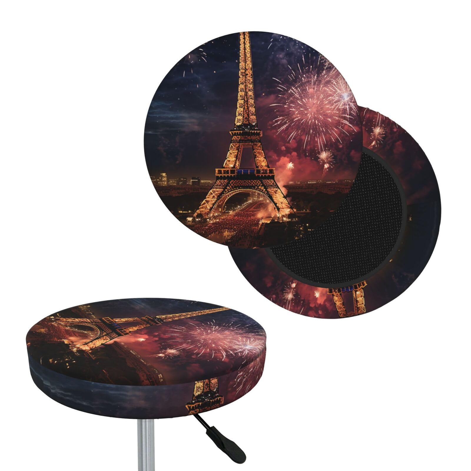 FodPand Eiffel Tower Fireworks Bar Stool Cover Round Elastic Stool Cushion Covers Washable Bar Stool Chair Slipcover Stretch Stool Seat Covers for 12-14 Inch Chair