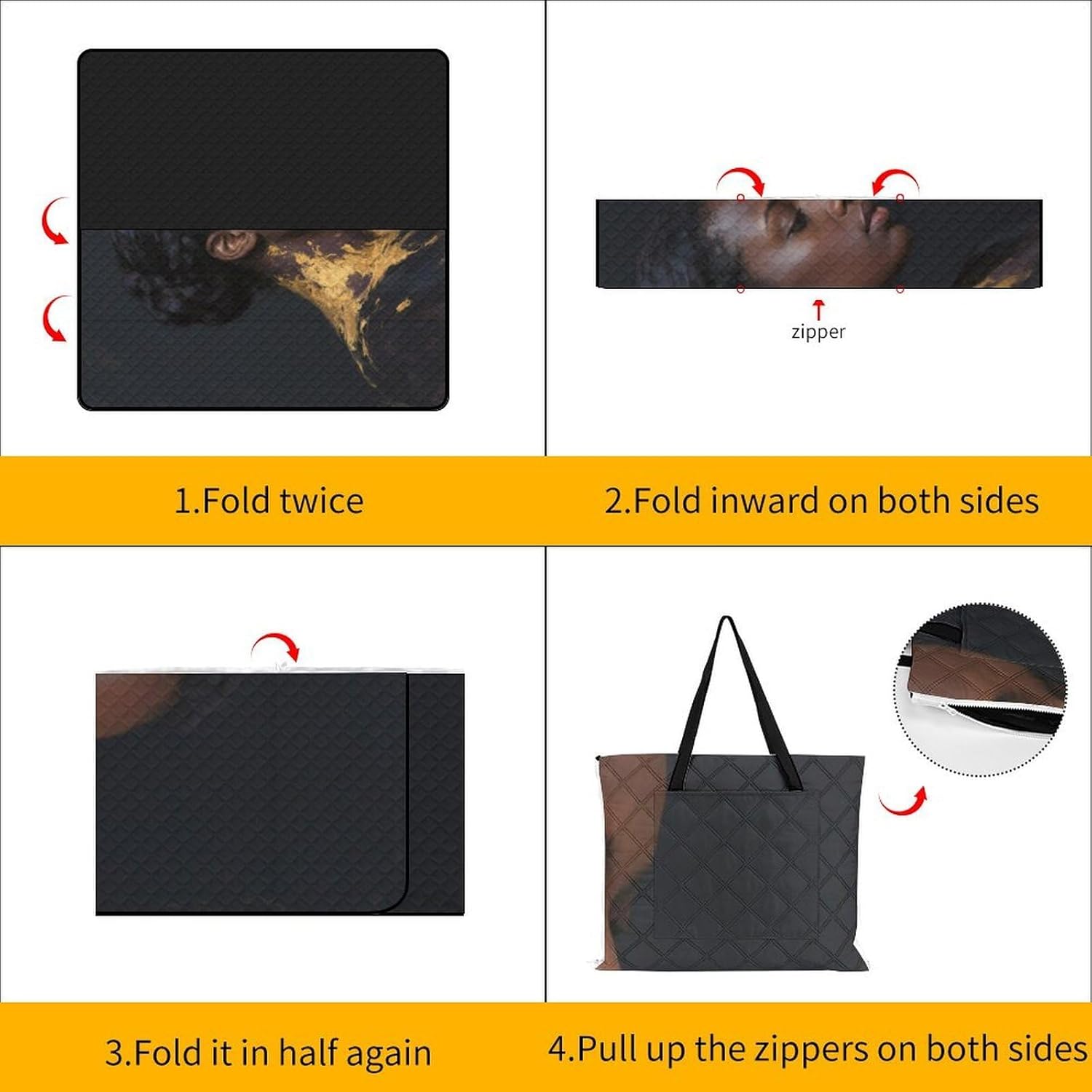 Black Women Picnic Blanket 200x200cm, Foldable 2-in-1 Picnic Mat and Tote Bag Portable Waterproof Beach Mat Sandproof Outdoor Blanket for Park, Hiking, Beach, Camping, Travel