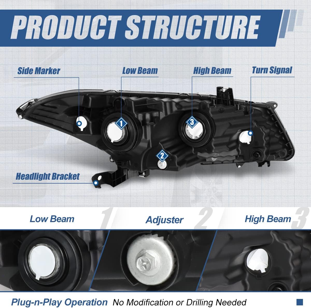 Auto Dynasty Headlights Assembly Compatible with 2008-2012 Honda Accord 2-Door Coupe, Driver and Passenger Side Halogen Headlamps Replacement w/Projector Low Beam, Black Housing Amber Corner