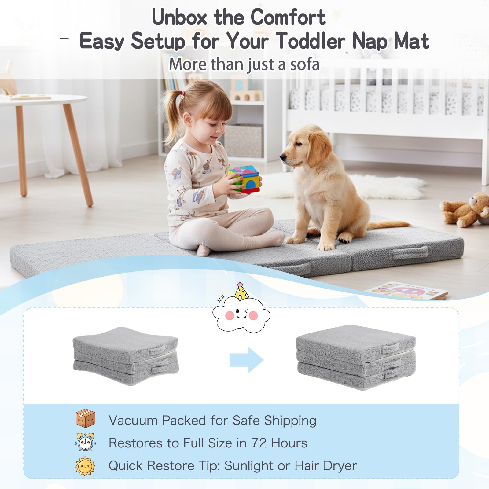 Tiita Matelas de sol à trois volets pour enfants, chaise pliante avec housse lavable en machine, tapis de sieste portable pour tout-petits avec sac de rangement pour filles et garçons