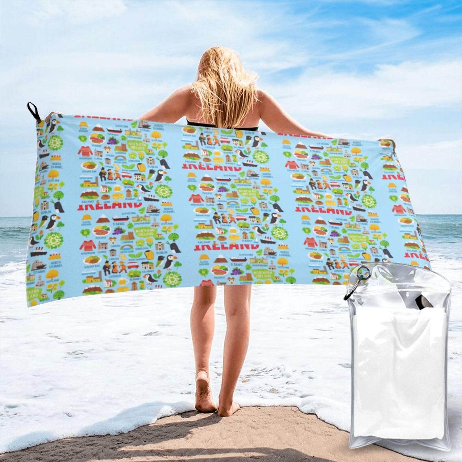 FHIZOAL Ireland Map With Icons Quick Dry Towel Microfibre Towel Super Absorbent Ultra Compact Gym Sports Beach Camping Travel