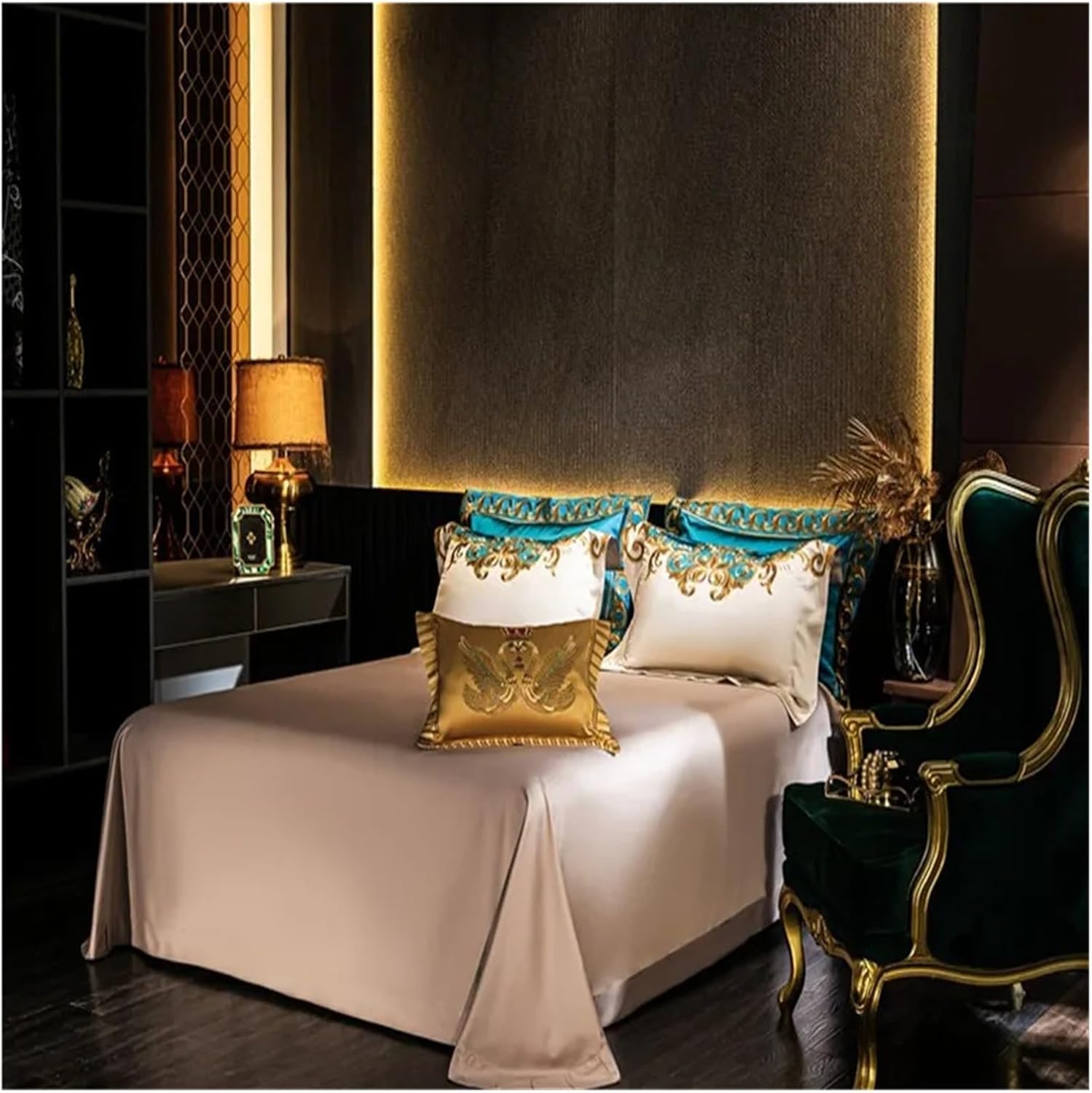 Gold and Blue Embroidery Satin Comforter Cover 4pcs Bedding Set Quilted Cotton Bedspread Flat/Fittedsheet Square pillocases,Bed