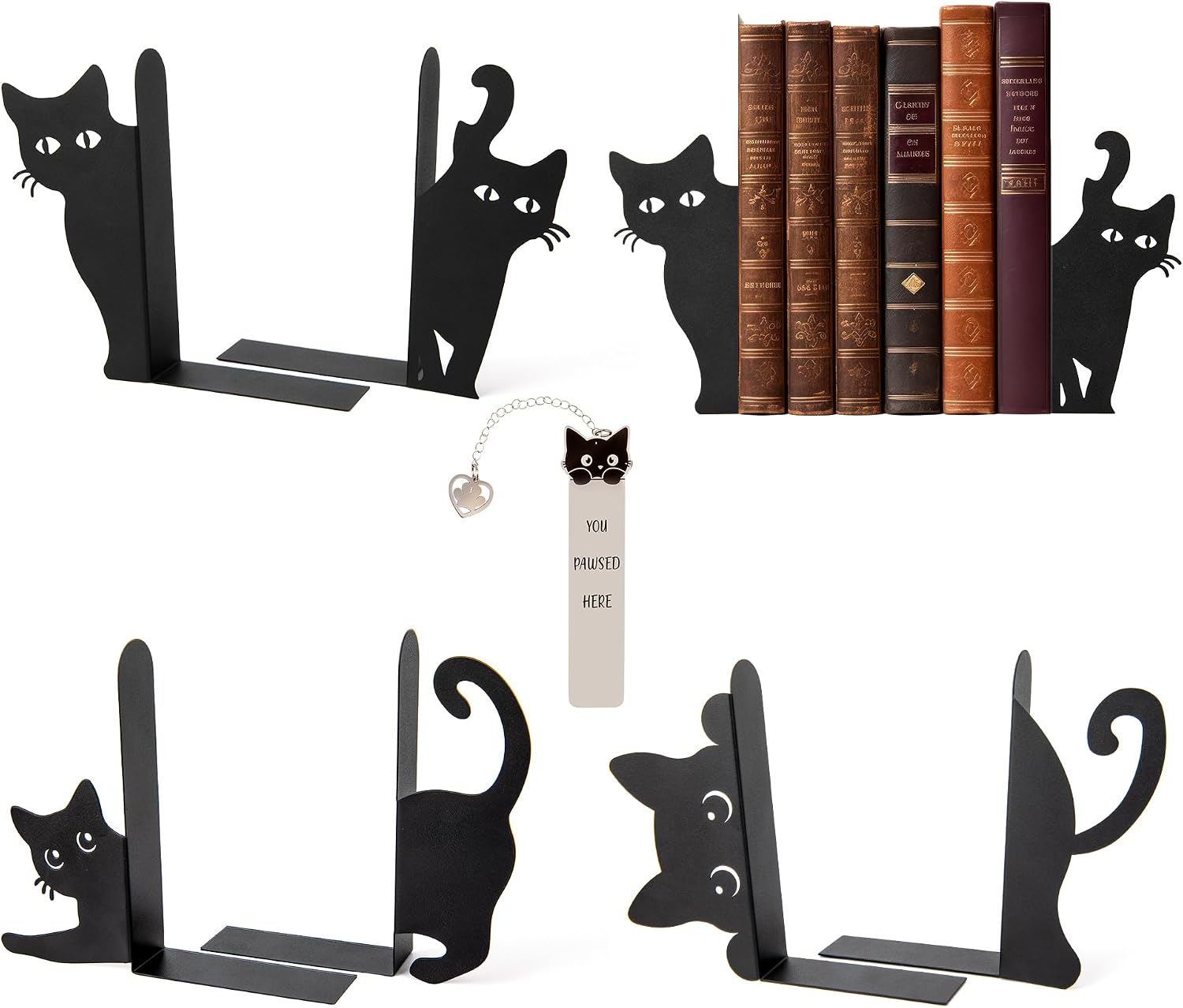 6pcs Cat Metal Bookends for Shelves Cute Decorative Book Ends with Bookmark