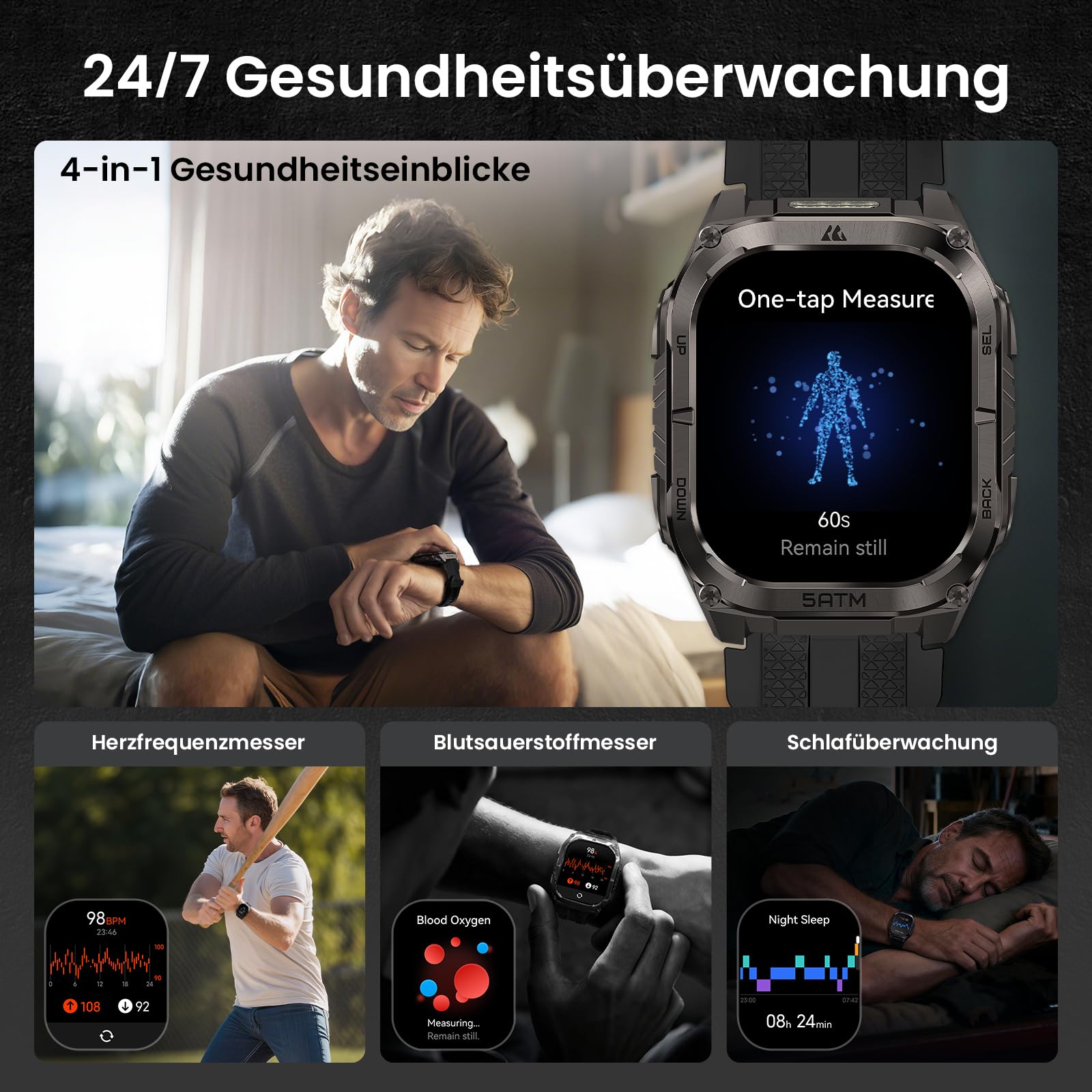KOSPET Tank M4C Smartwatch Herren mit LED,Dualband-GPS,1,96" AMOLED,5ATM | IP69K, Walkie-Talkie, Robuste Militär Watch für Android/iPhone,Telefonfunktion, Kompass, 24/7 Herzfrequenz& Schlaftracking