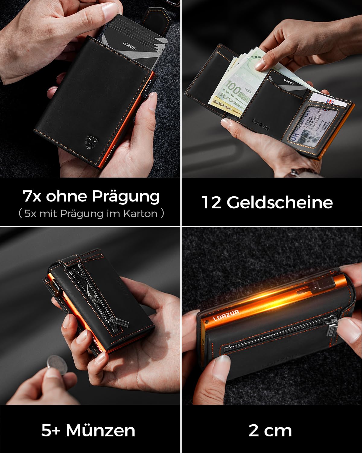 LORZOR Kartenetui mit Magnetischer Verschluss, Slim Wallet mit Münzfach, Geldbörse Herren RFID Schutz, Portmonee Herren Portemonnaie für 10 Karten, Smart Wallet, Geldbeutel (Orange)