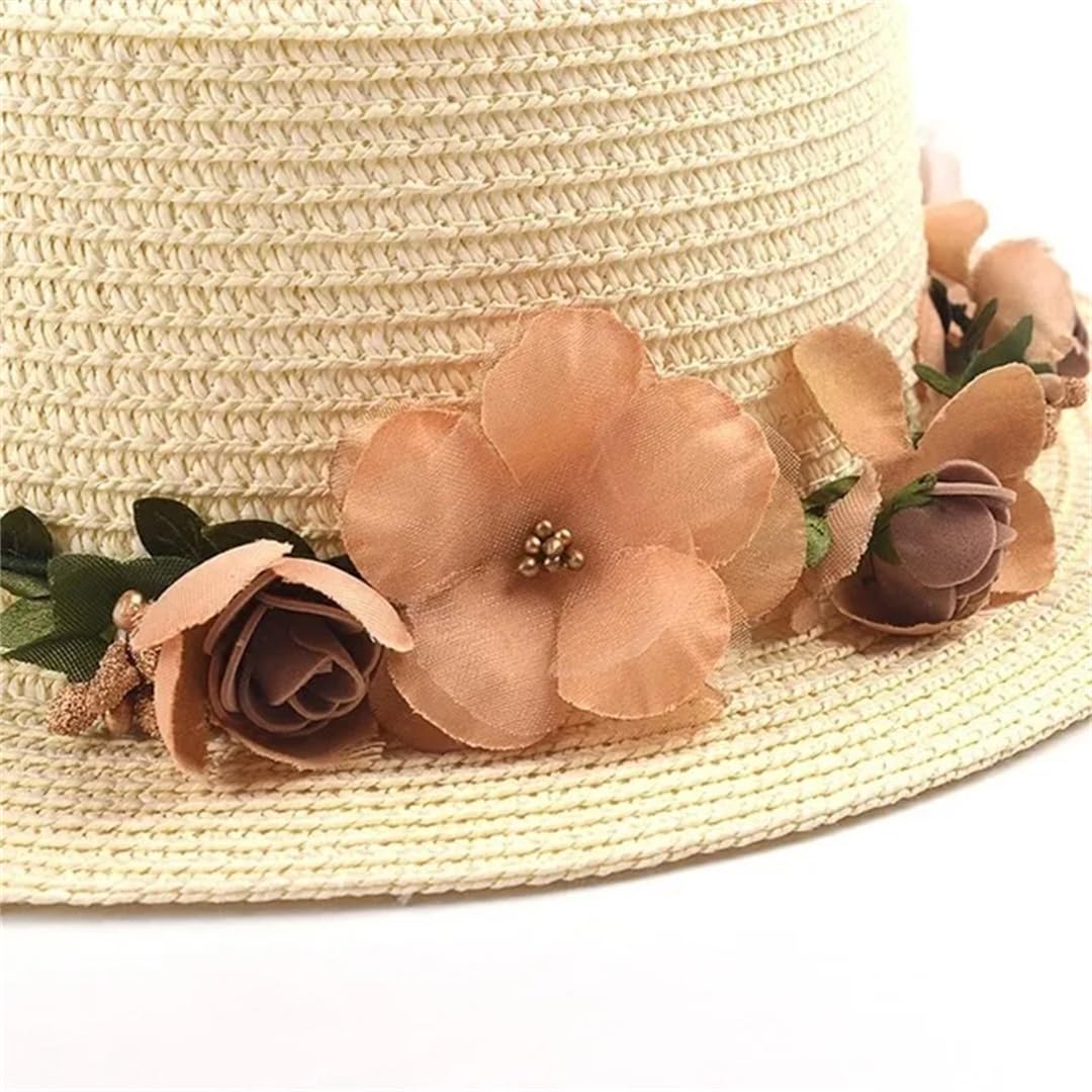 Sombrero para el Sol para Mujer, Sombrero de Cubo, Sombrero de Paja con Parte Superior Plana y Lazo de Encaje Beige de Verano (21244 Mujeres 56, Talla única 58 cm)