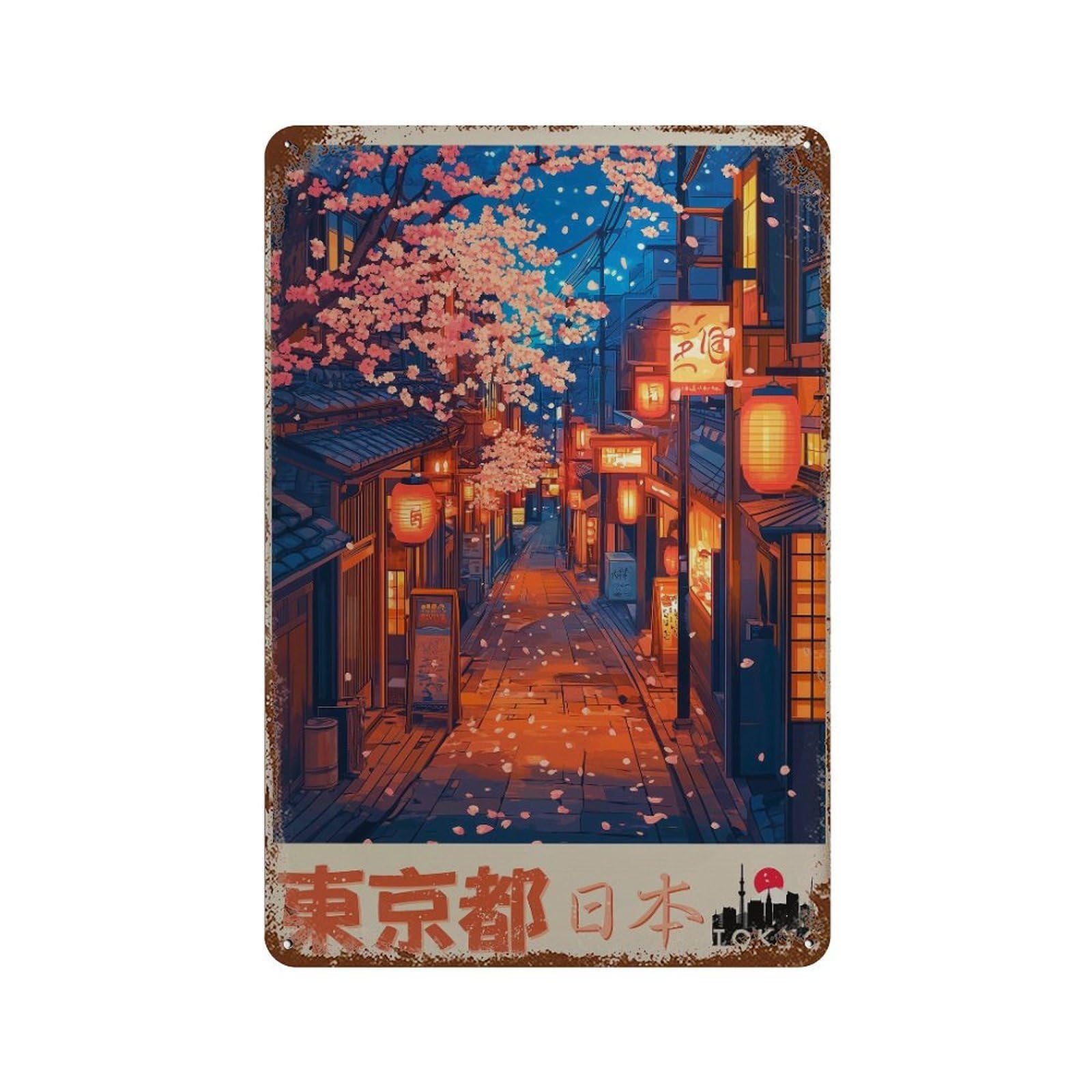 xiaoxiaoshen Tokyo Japan Cherry Blossom Travel in Japanese Writing Wall Decor Art Metal Tin Poster Modern Home Decor Art Home Bar Shop Decorations Vintage Sign 30x20cm