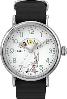 Timex 남성용 Looney Tunes Bugs and Friends 표준 40mm 시계 - 블랙 스트랩 화이트 다이얼 실버 톤 케이스