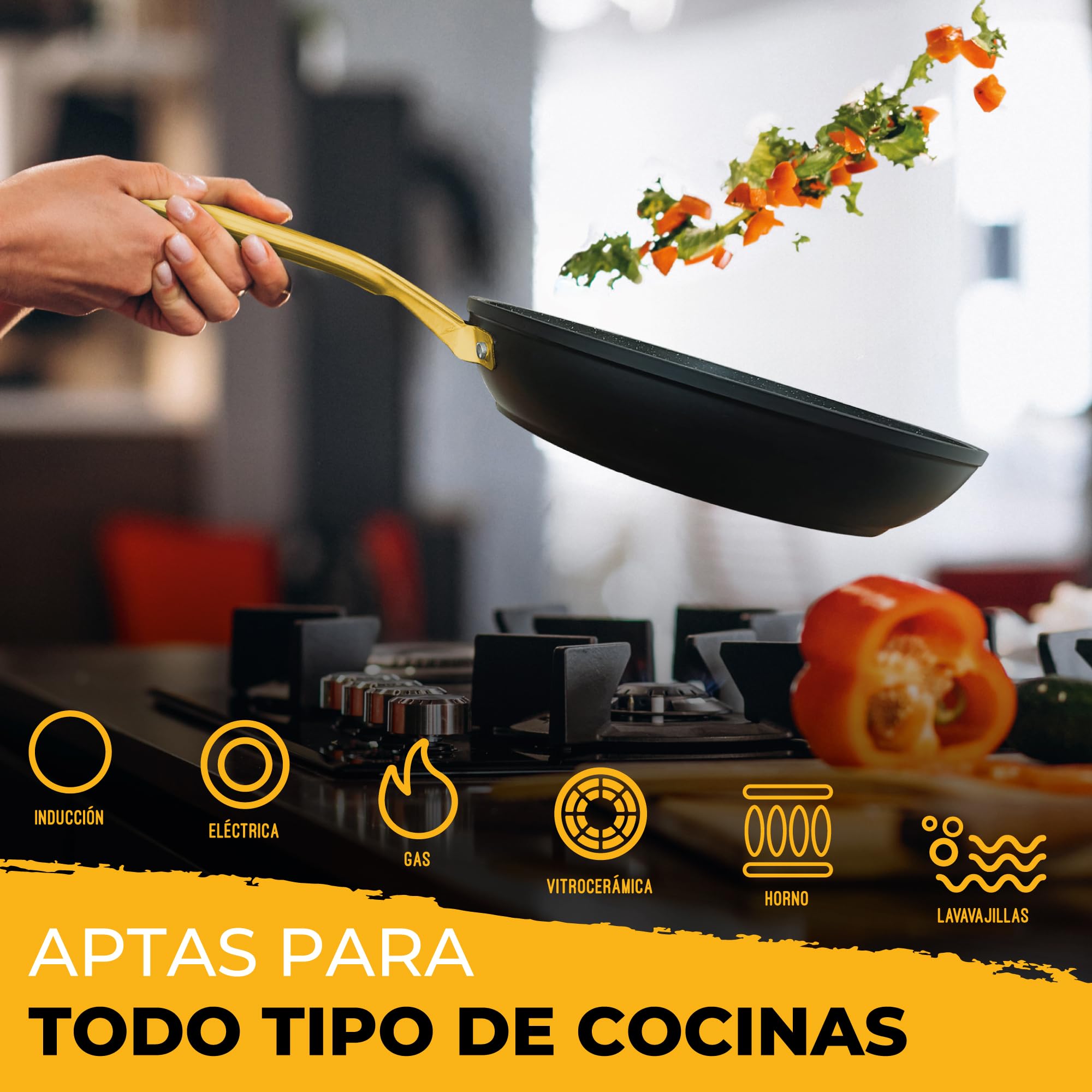 briebe Gold Titanium Juego de 3 Sartenes Antiadherentes Inducción Titanio 20-24-28cm, Aluminio Forjado Recubrimiento sin PFOA, Mango Profesional Acero Inox, Vitrocerámica, Gas, 3 Protectores