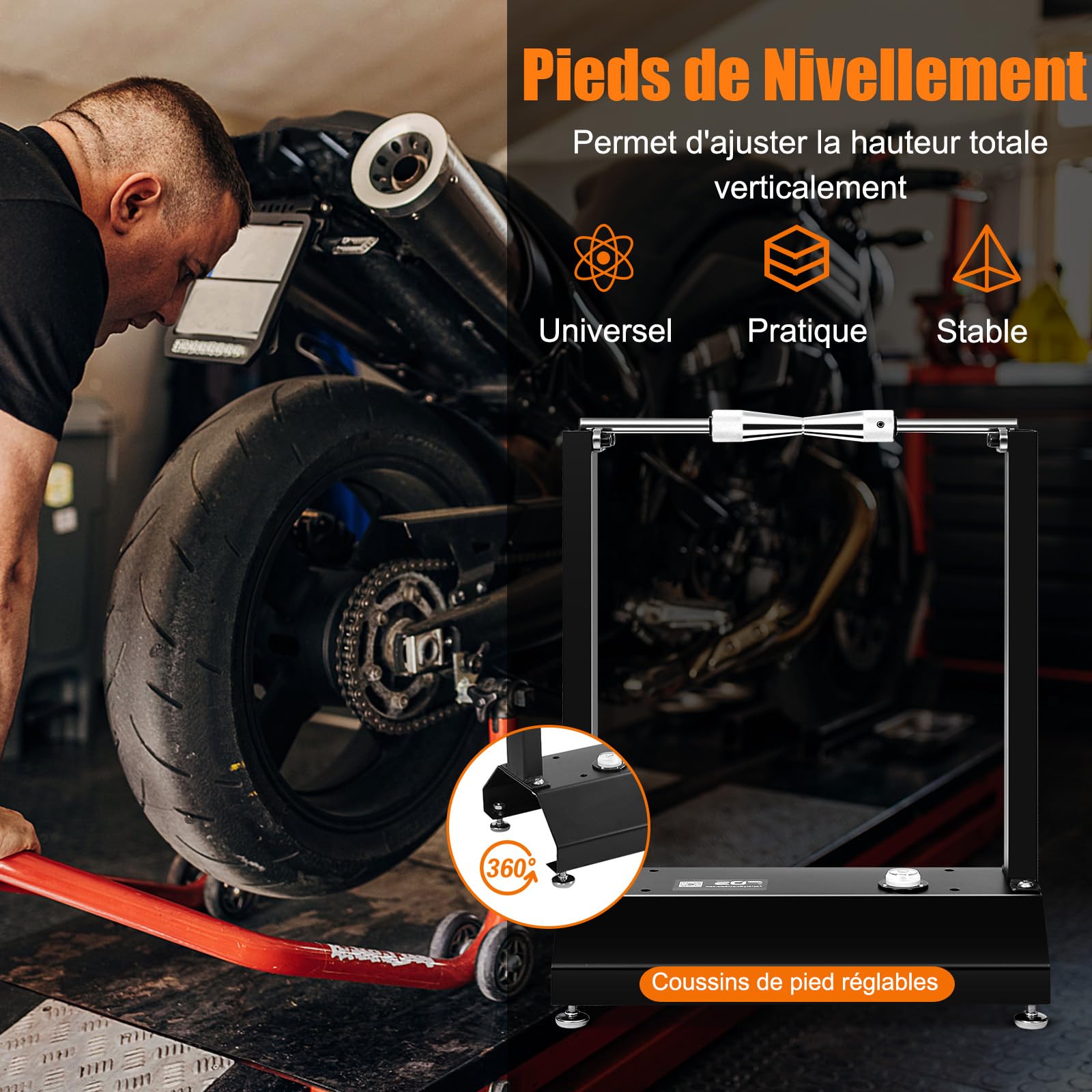 SOARS Appareil d'Équilibrage pour Roues de Moto, Machine d'Équilibrage Universelle 41 X 22 X 55 CM, avec Cônes de Centrage Réglables, Base en Arc Stable et Antidérapant, Noir