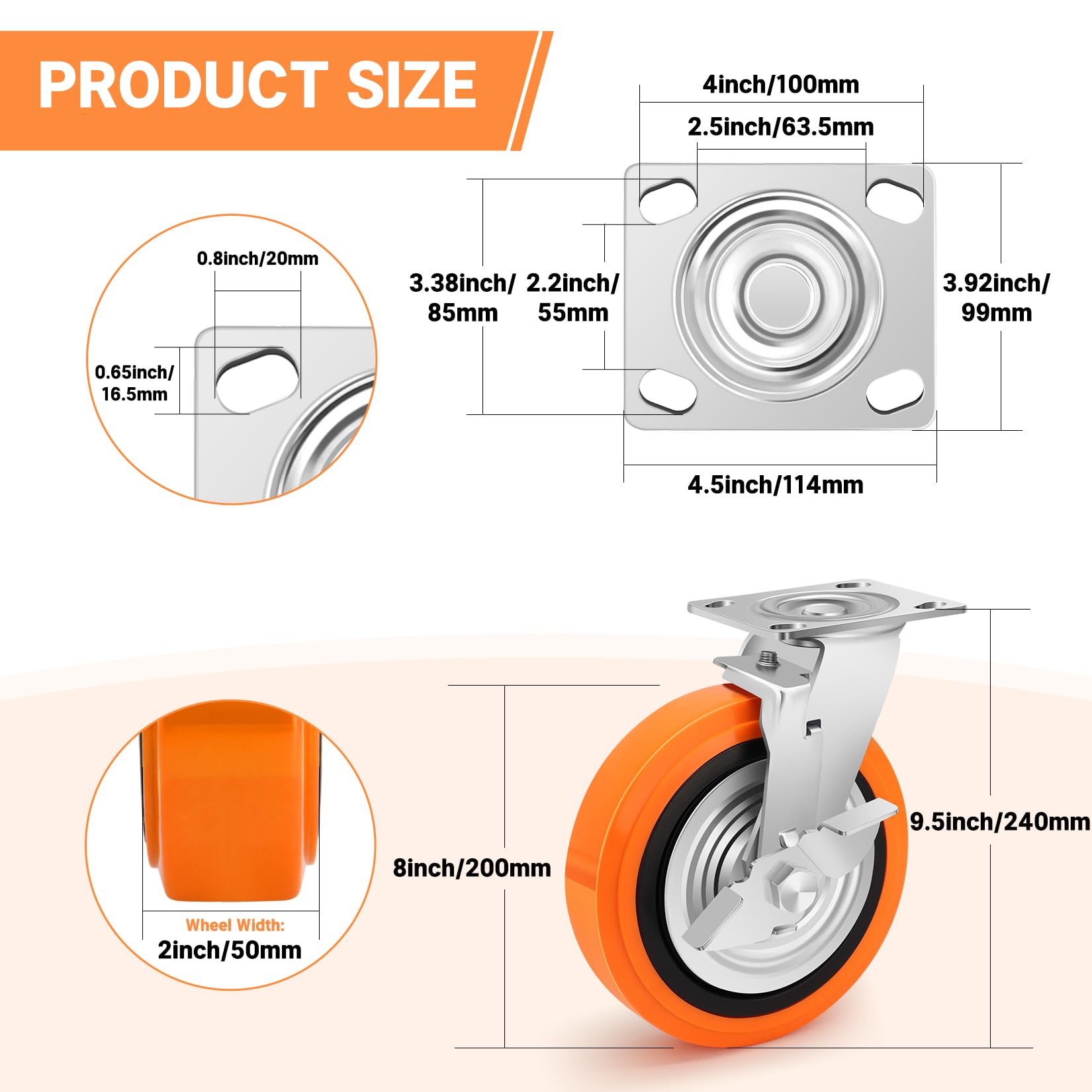 200mm Poliuretano Ruedas Para Muebles Pesados con Freno, Industriales Ruedas Giratorias Carga de 2700kg, Silencioso Y Resistente al Desgaste para equipos pesados, instrumentos grandes
