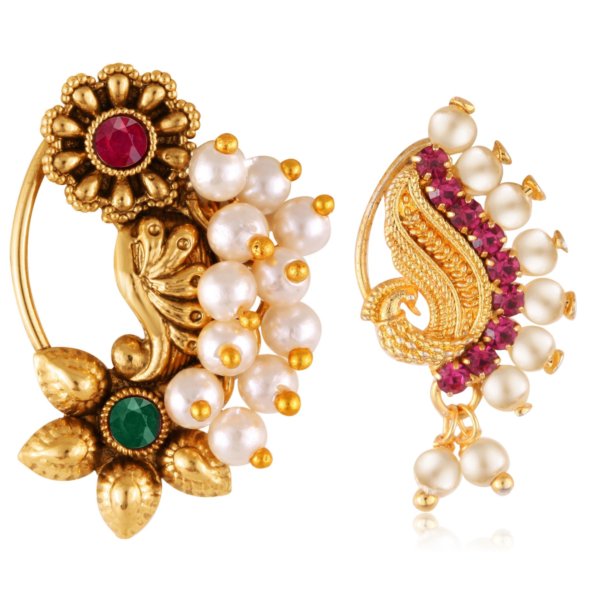 Vighnaharta Green Red CZ stone and Pearls moti Nath Nathiya./ Nose Pin for women[VFJ1182-1080RED-NTH-PRESS]-image-22