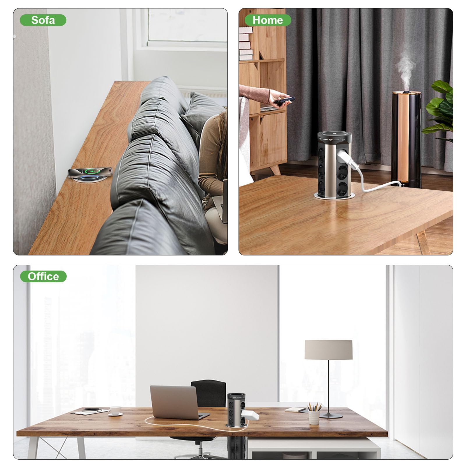Versenkbare Tischsteckdose mit USB C PD75W, 12 Fach Einbausteckdose Versenkbar mit 15W Kabelloses Laden, Tisch Steckdosenleiste für Arbeitsplatte Küche, 2M Kabel, D 100MM