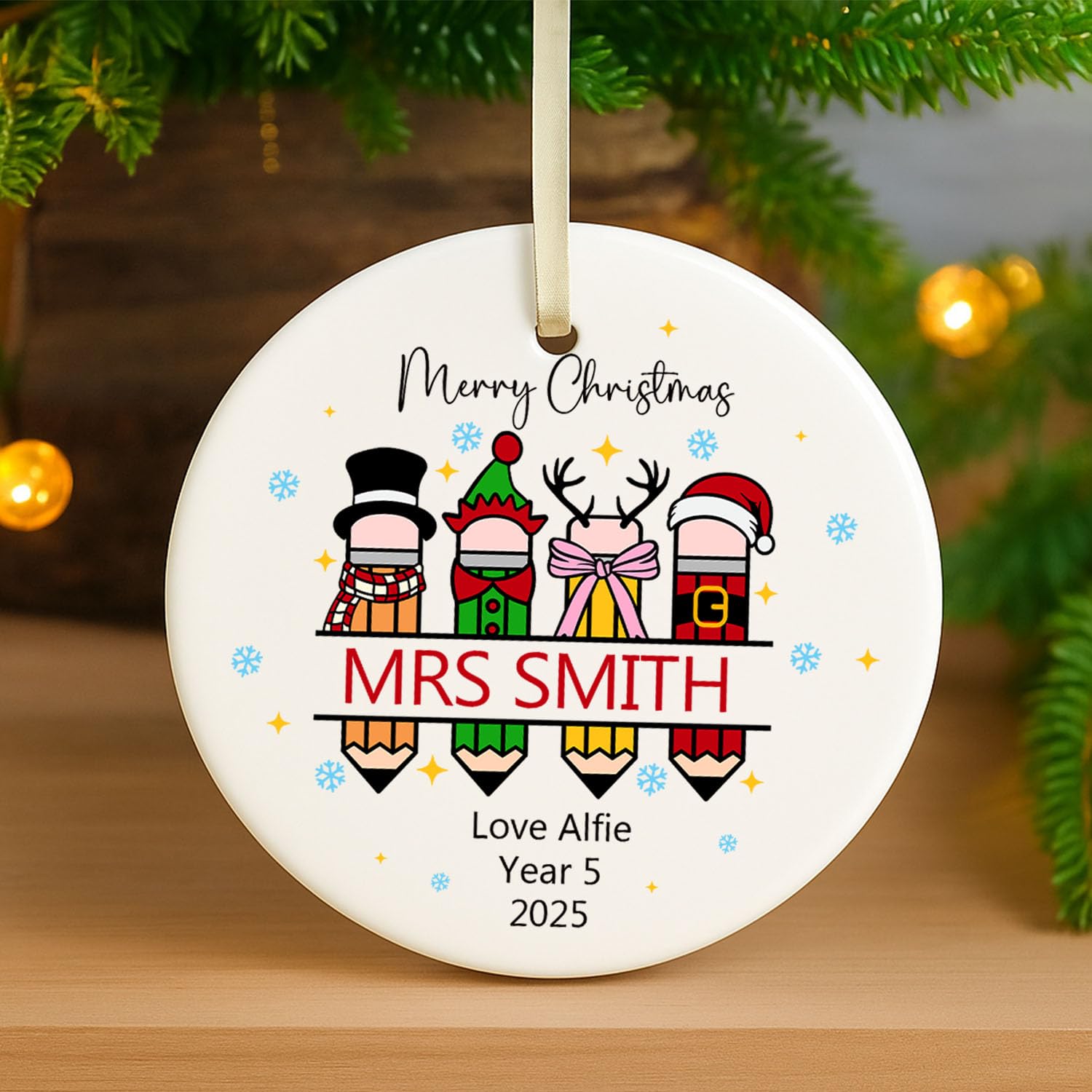Personalized Teacher Merry Christmas Ceramic Ornament | End of Year Gift from Student | XMAS Tree Decoration for Teacher Appreciation Nursery Teaching Assistant