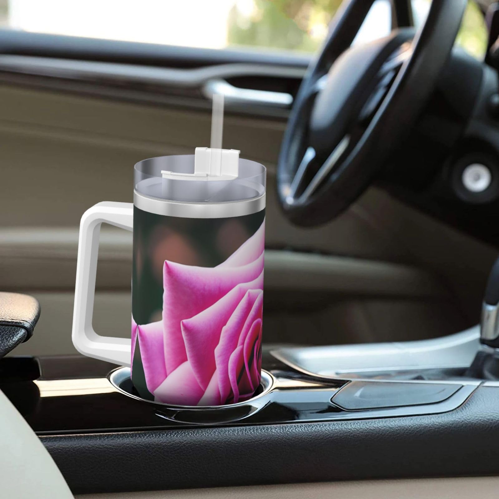 Trinkflasche mit Henkel und Strohhalm-Deckel, doppelwandig, Edelstahl, 1,2 l, Violett
