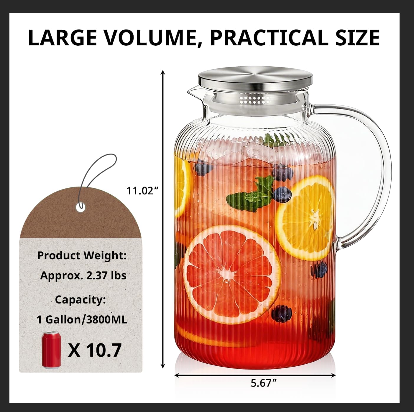 Bivvclaz 1 Gallon Glass Pitcher with Lid and Handle, Stripes Water Pitcher for Fridge, Borosilicate Glass Carafe for Hot/Cold Drink, Extra Large Jug for Iced Tea, Coffee, Juice, Homemade Beverage