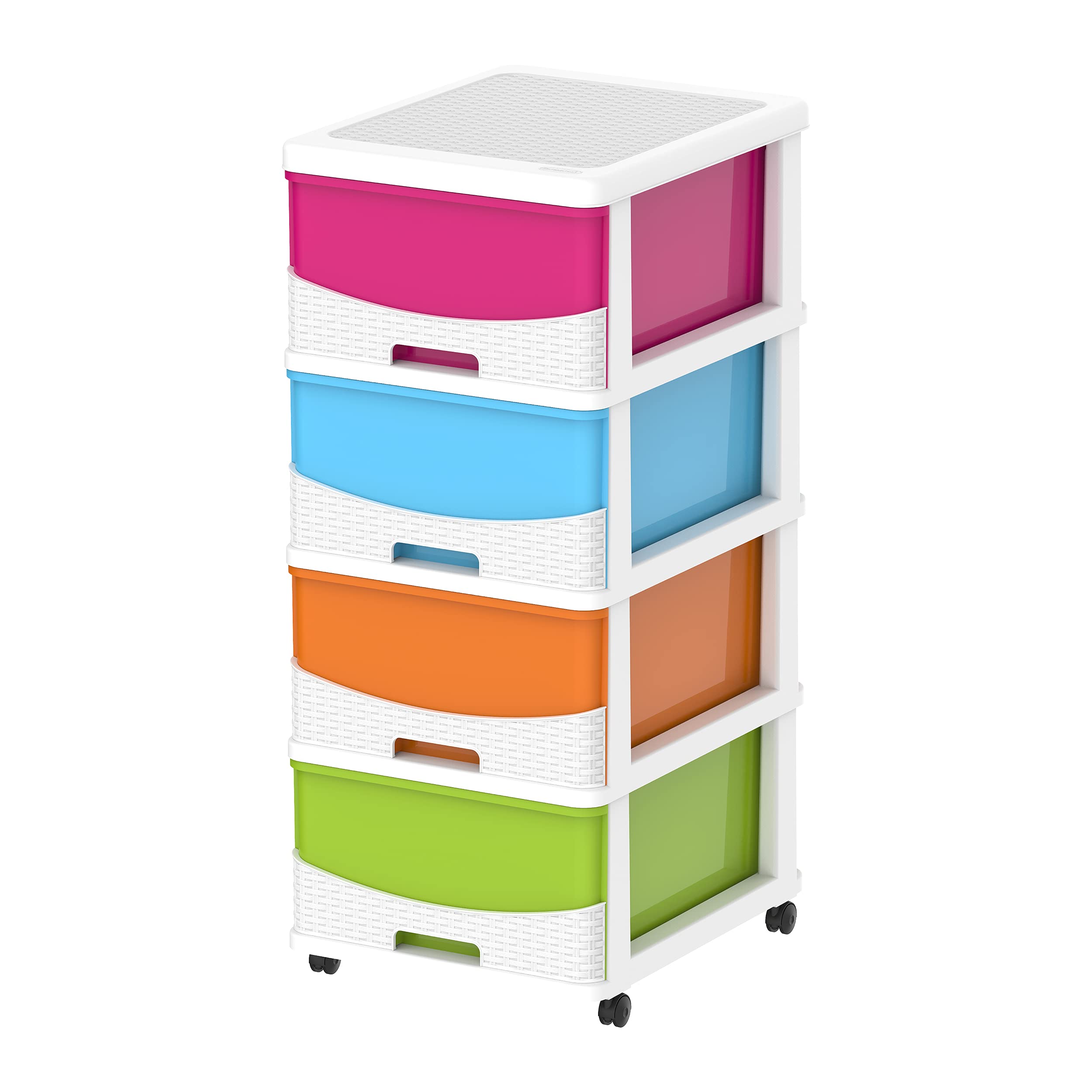 Cosmoplast Cedarattan 4 Tiers Storage Cabinet With Wheels, White Mix Drawers