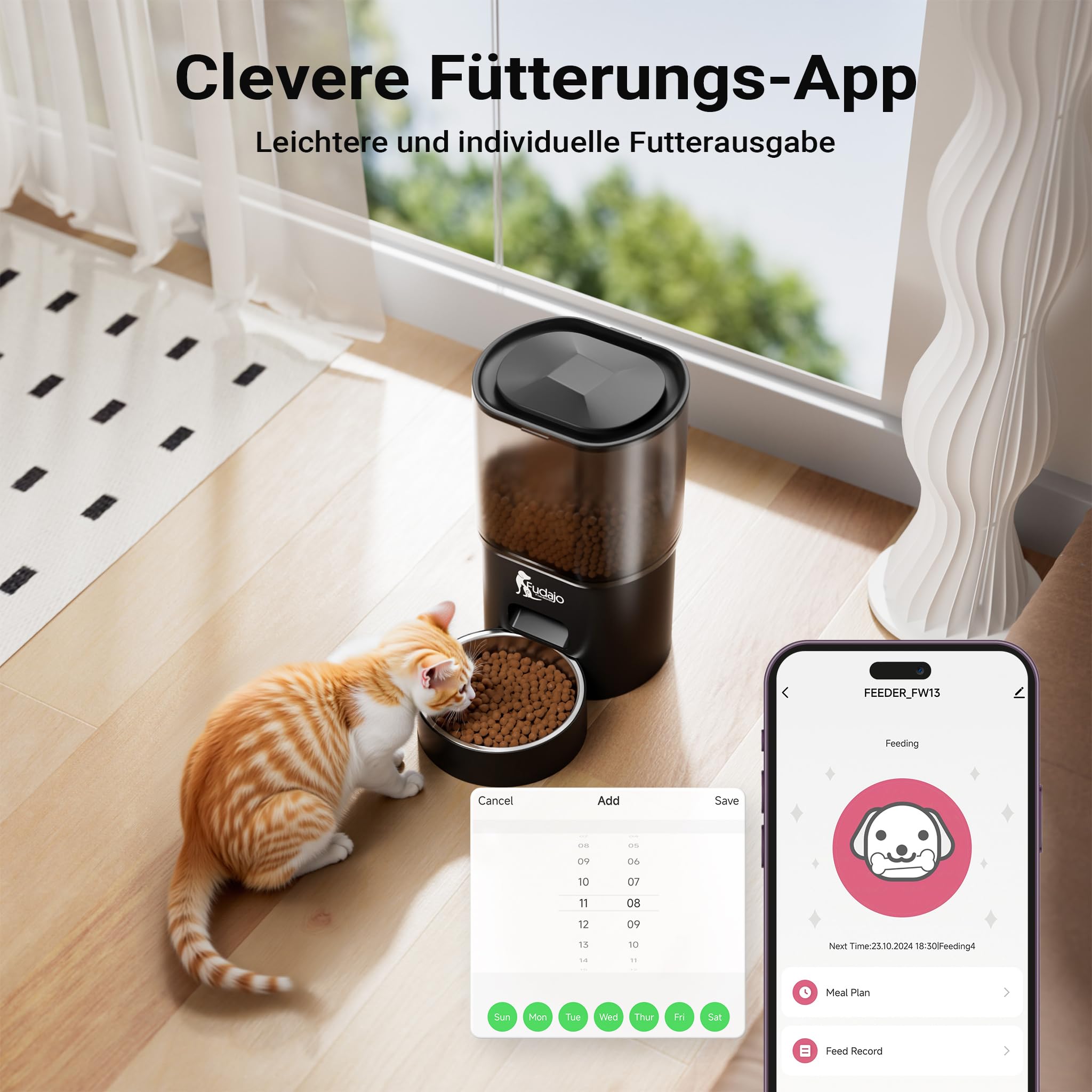 Fudajo Futter- und Trinkautomat für Katzen & Hunde in Schwarz, 3 L Futterspender und 2,5 L Trinkbrunnen, Fütterung mit App-Steuerung für Trockenfutter