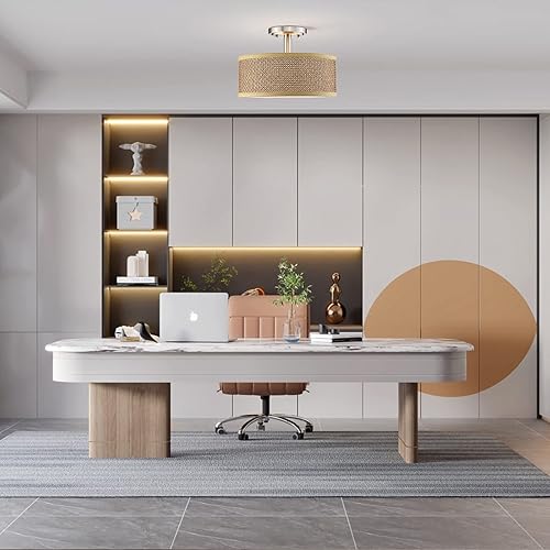 Miniatura 5 de Lámpara de techo semiempotrada de tela de lino, difusor de poliestireno para bar, comedor, pasillo, sala de estar, pasillo (acabado de níquel